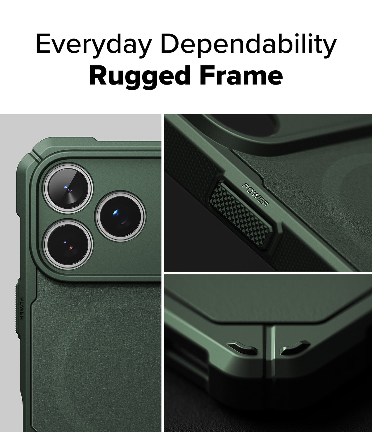 iPhone 17 Pro Case | Rugged Gear Magnetic - Close-up of a dark green rugged phone case showing camera, power button, and corner details.