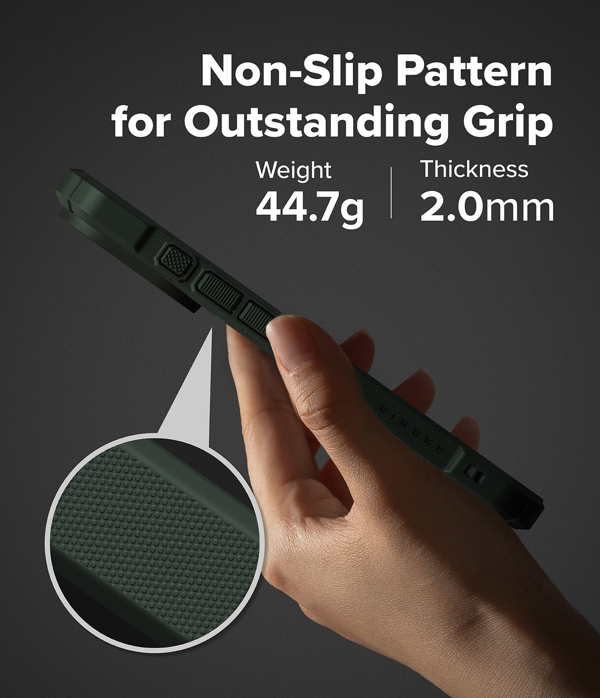 iPhone 17 Pro Case | Rugged Gear Magnetic - Hand holding a dark green phone case with a textured non-slip grip pattern.