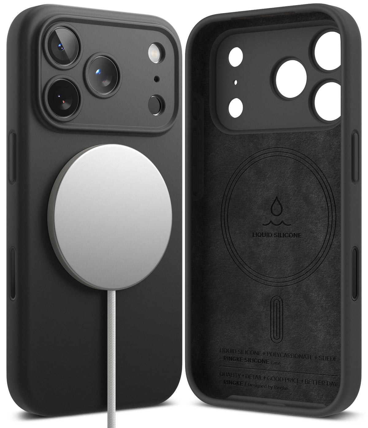 iPhone 17 Pro Case | Silicone Magnetic - Black magnetic silicone case showing exterior with charger and interior.