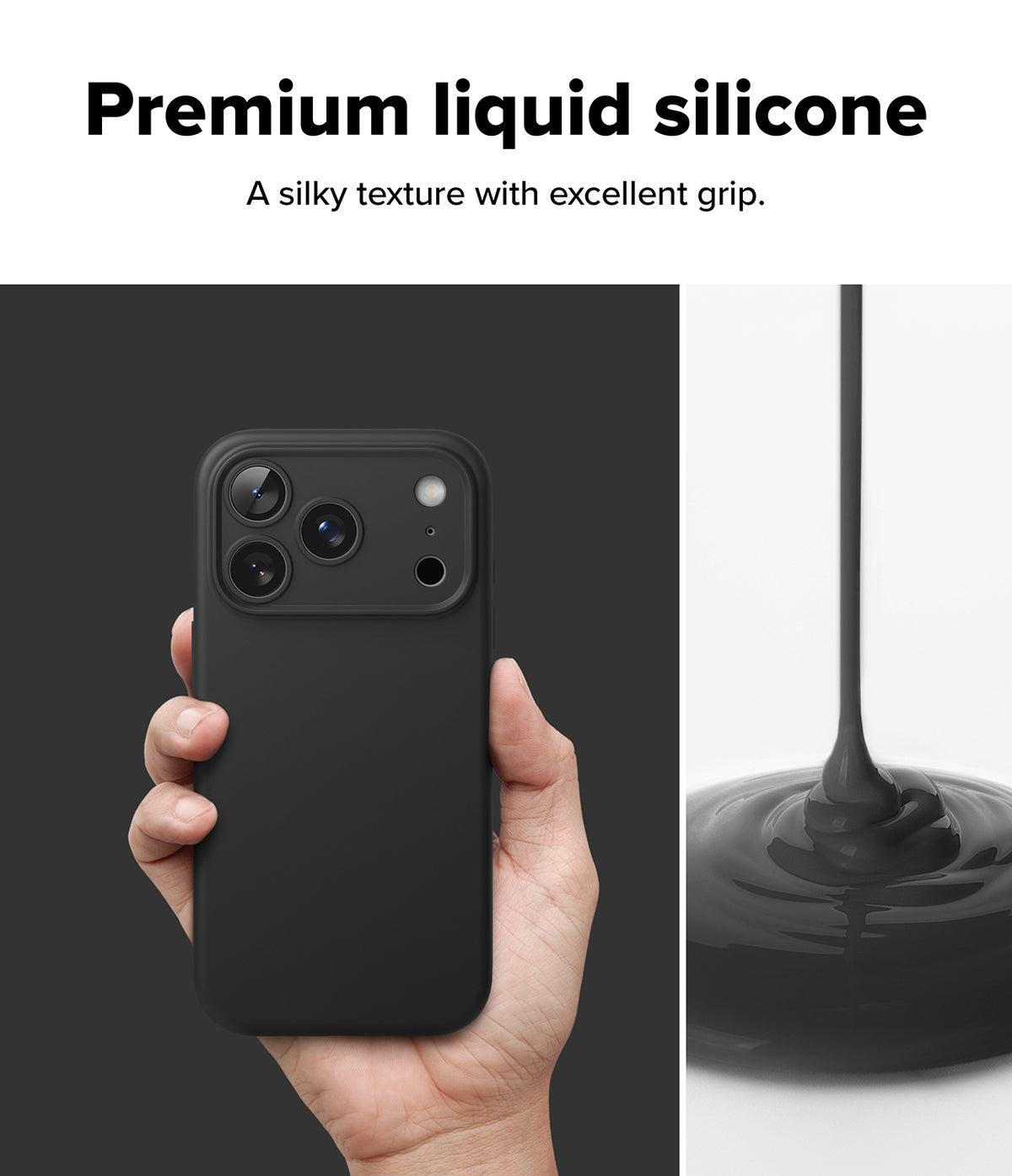 iPhone 17 Pro Case | Silicone Magnetic - Hand holding a black silicone phone case next to pouring liquid silicone.