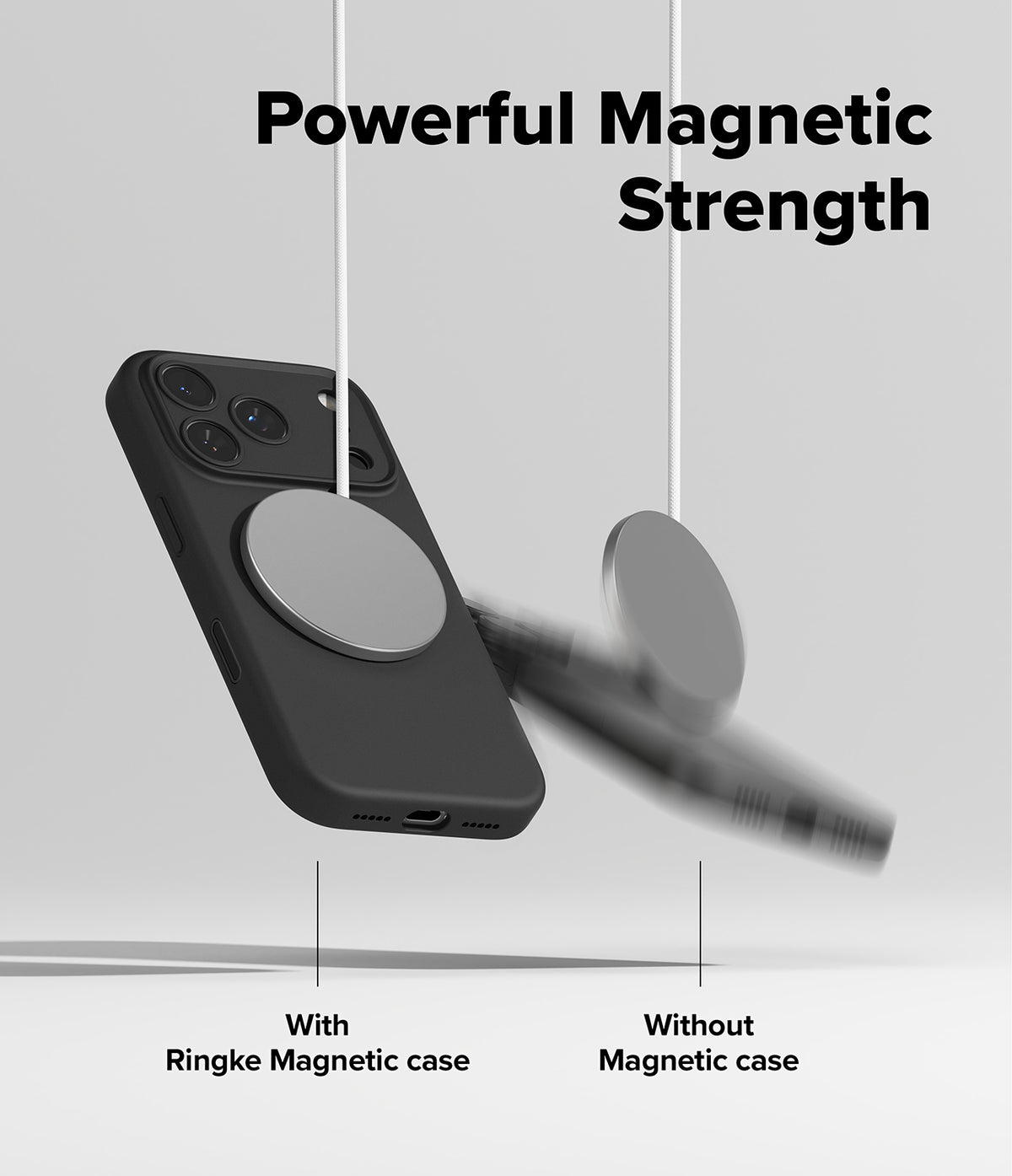 iPhone 17 Pro Case | Silicone Magnetic - A black phone case securely attached to a magnetic charger while another falls.