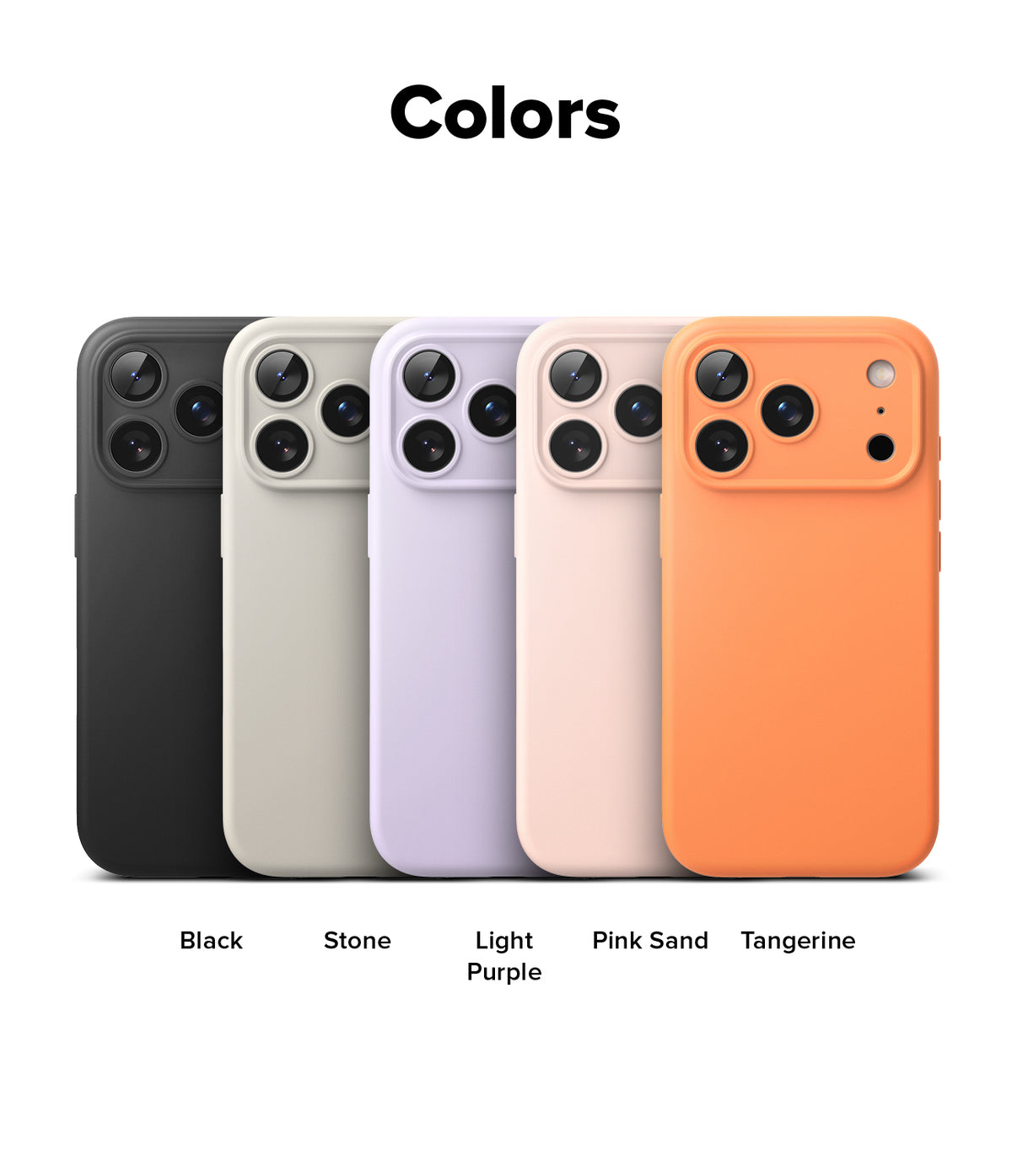 iPhone 17 Pro Case | Silicone Magnetic - Five iPhone 17 Pro silicone cases in black, stone, light purple, pink sand, and tangerine.