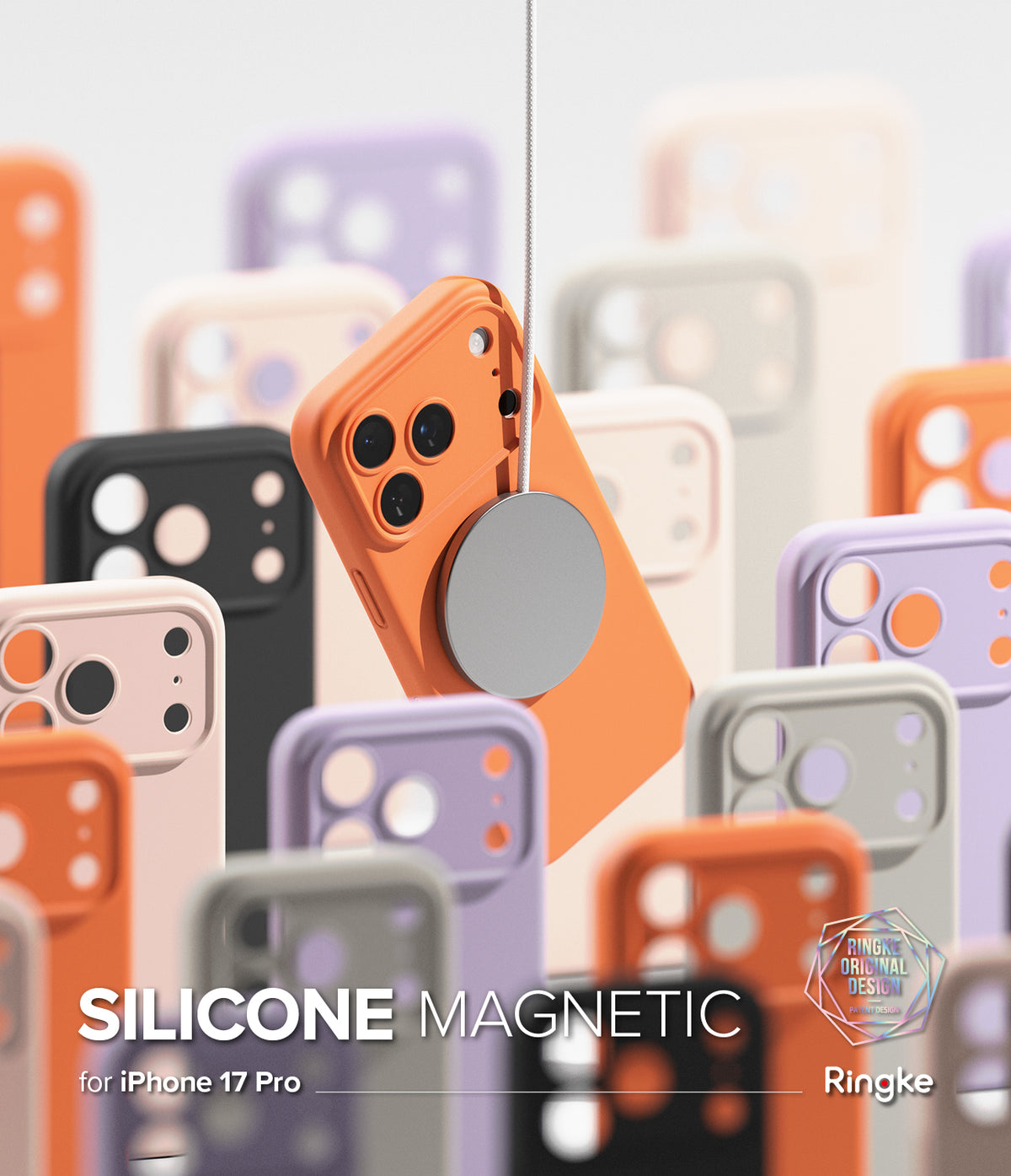 iPhone 17 Pro Case | Silicone Magnetic - Orange magnetic phone case suspended among various colorful silicone cases.