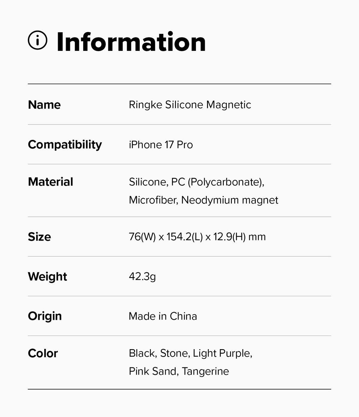 iPhone 17 Pro Case | Silicone Magnetic - Information table listing product name, compatibility, materials, size, weight, and colors.
