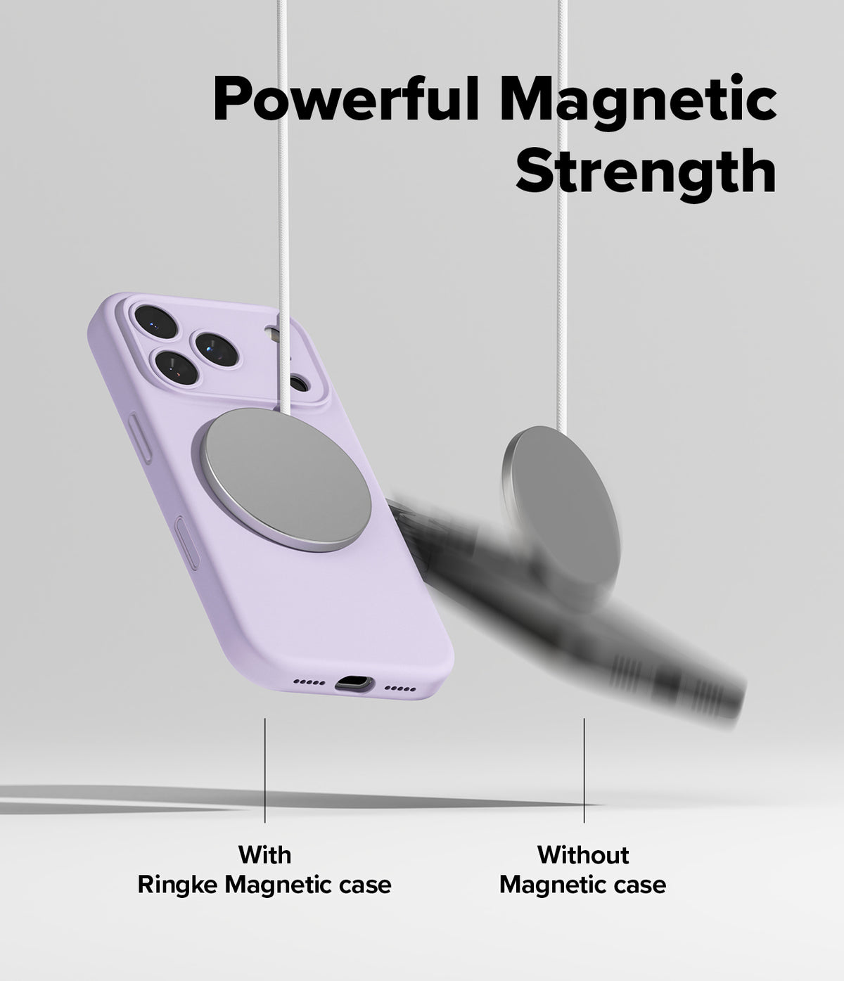 iPhone 17 Pro Case | Silicone Magnetic - A lavender phone case held by a magnet versus a phone falling without one.