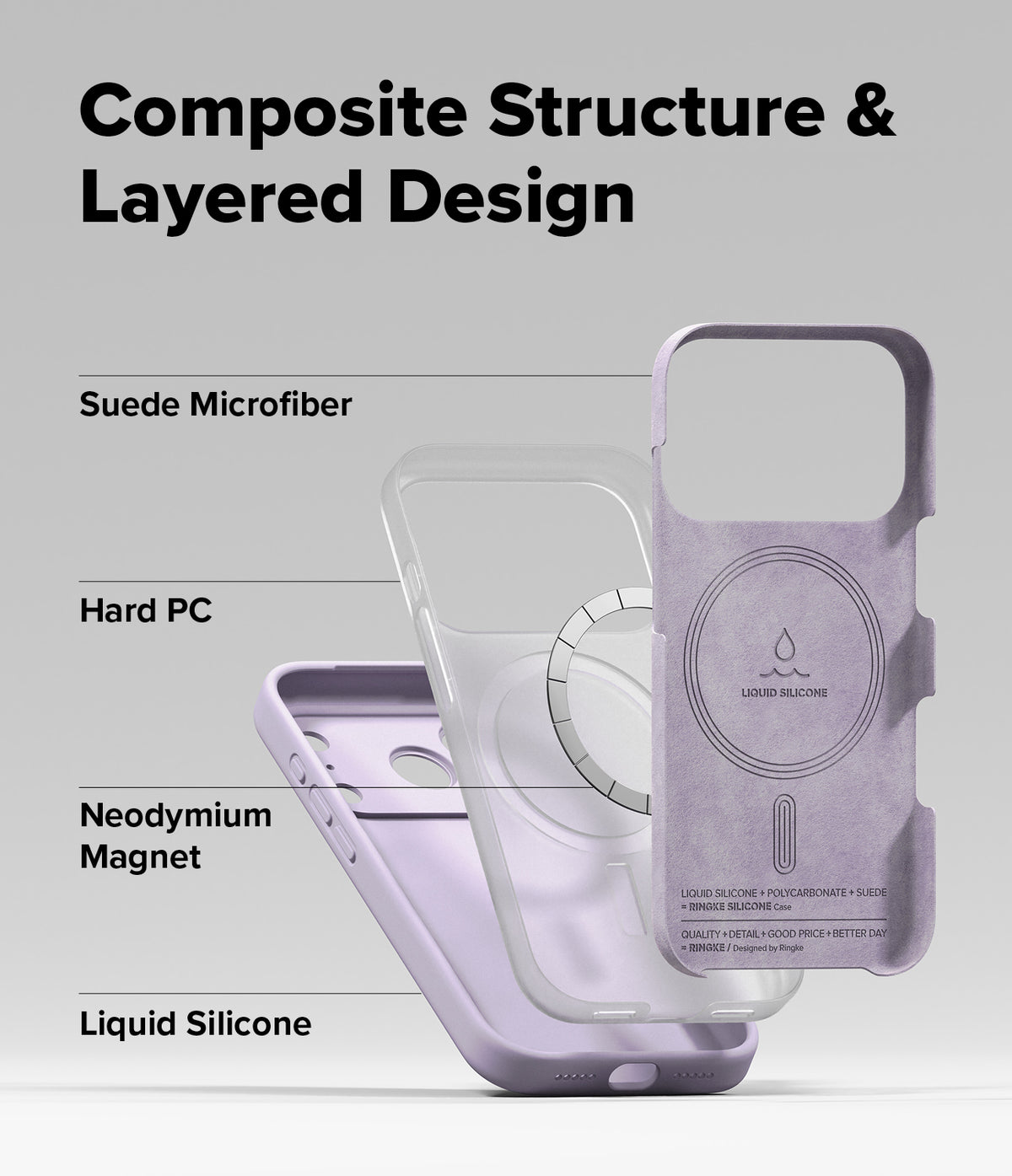 iPhone 17 Pro Case | Silicone Magnetic - Exploded view showing suede, hard PC, magnet, and liquid silicone layers.