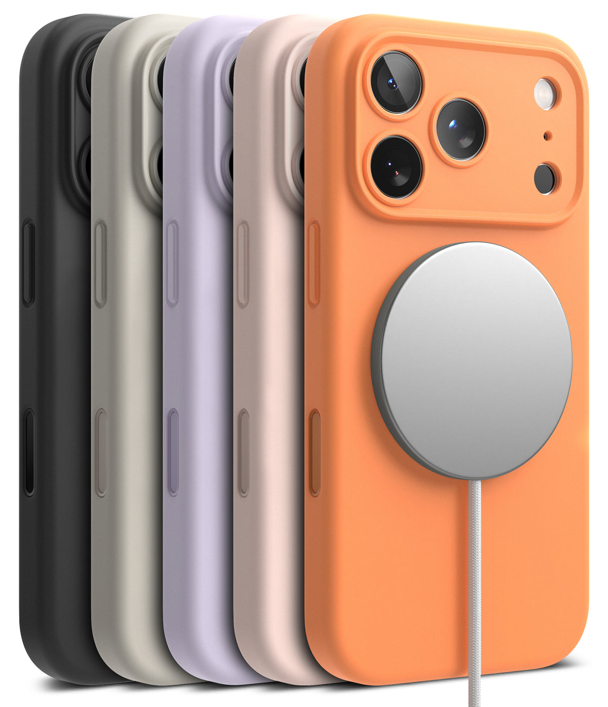 iPhone 17 Pro Case | Silicone Magnetic - Five colorful silicone iPhone 17 Pro cases in a row with a magnetic charger.