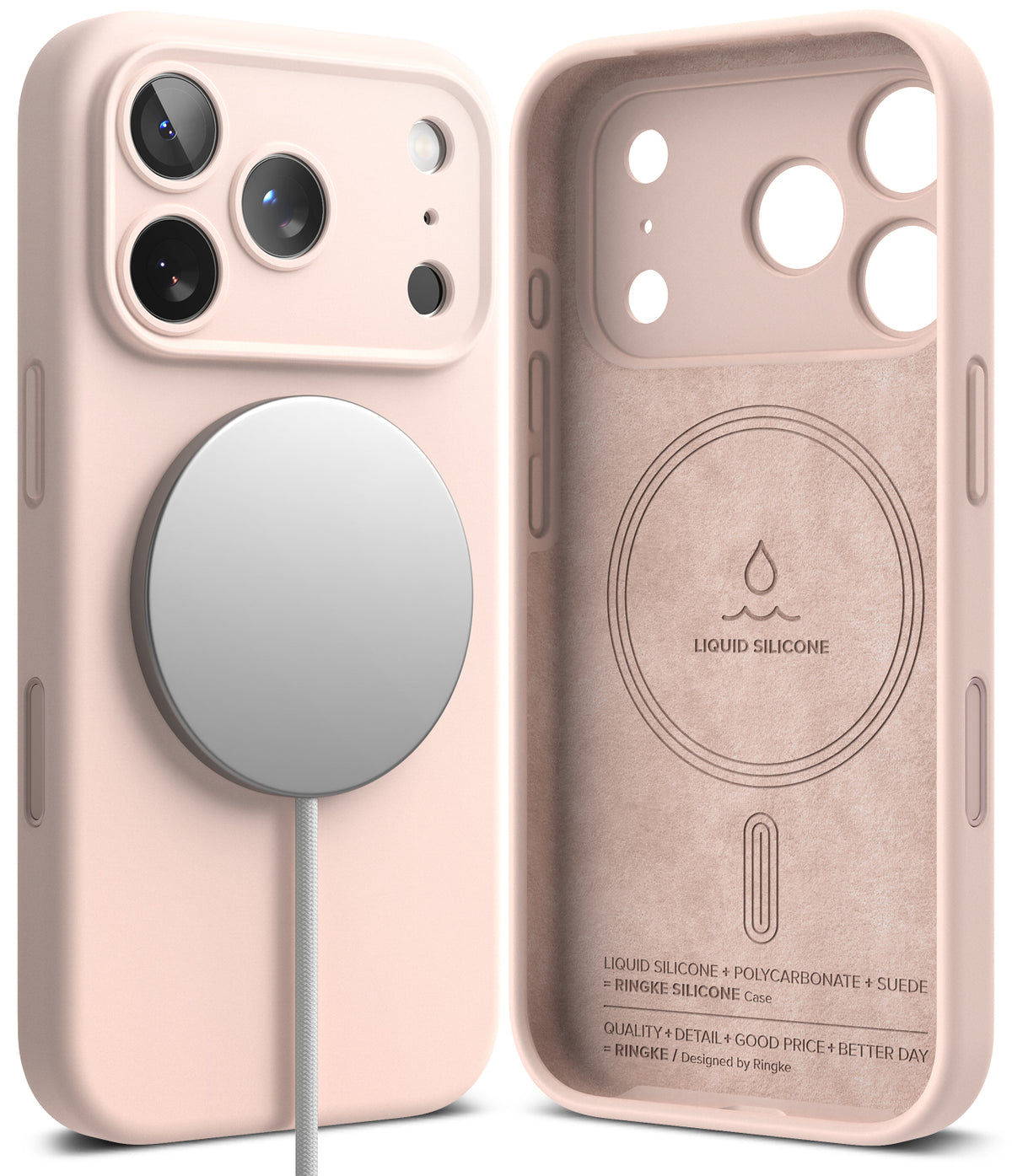 iPhone 17 Pro Case | Silicone Magnetic - Light pink silicone phone case showing magnetic back and suede interior.