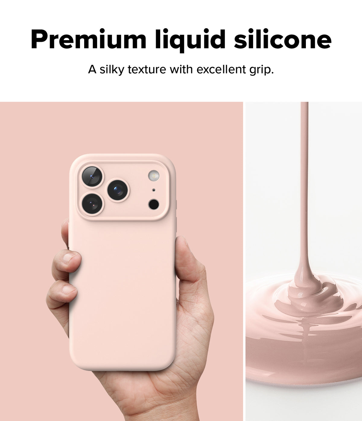 iPhone 17 Pro Case | Silicone Magnetic - Hand holding a light pink silicone phone case next to liquid silicone pouring.