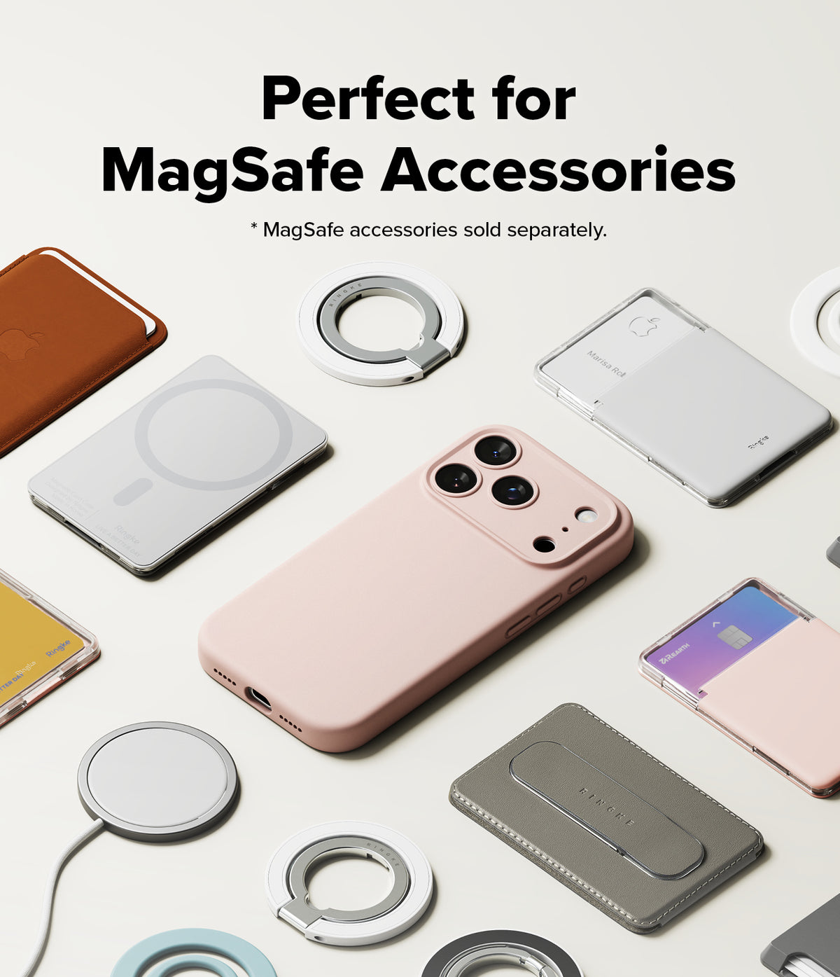 iPhone 17 Pro Case | Silicone Magnetic - Pink silicone phone case surrounded by various MagSafe accessories on a white surface.