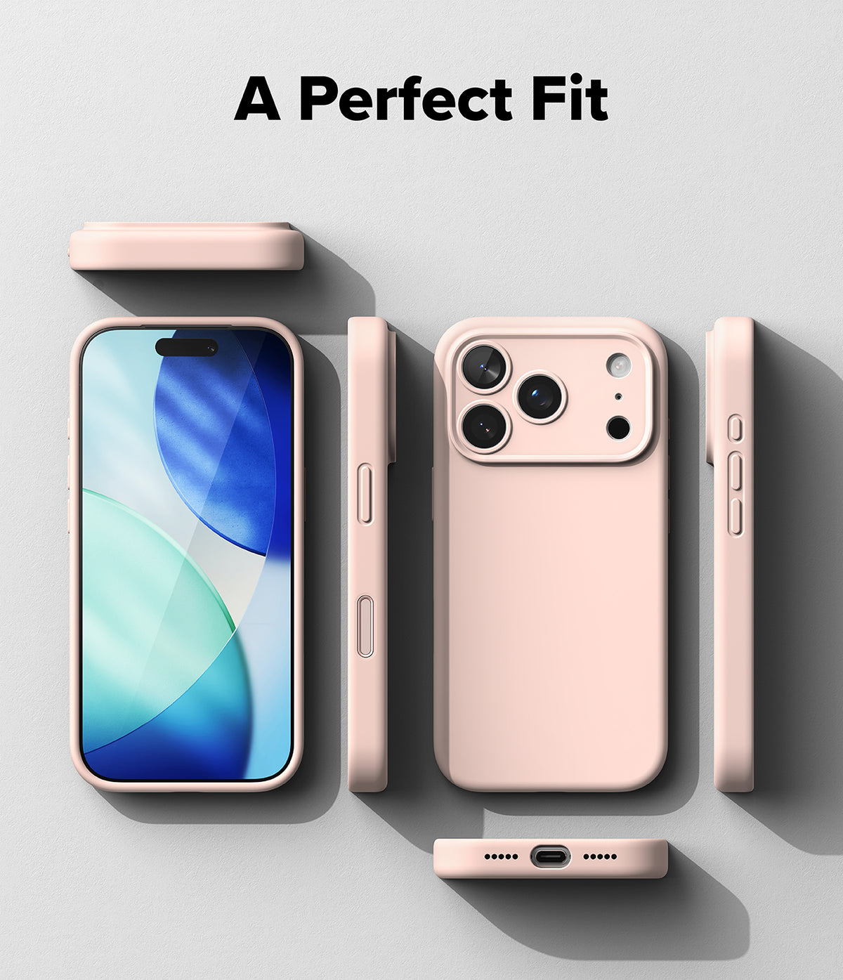 iPhone 17 Pro Case | Silicone Magnetic - Exploded view of a light pink phone case showing front, back, and side angles.