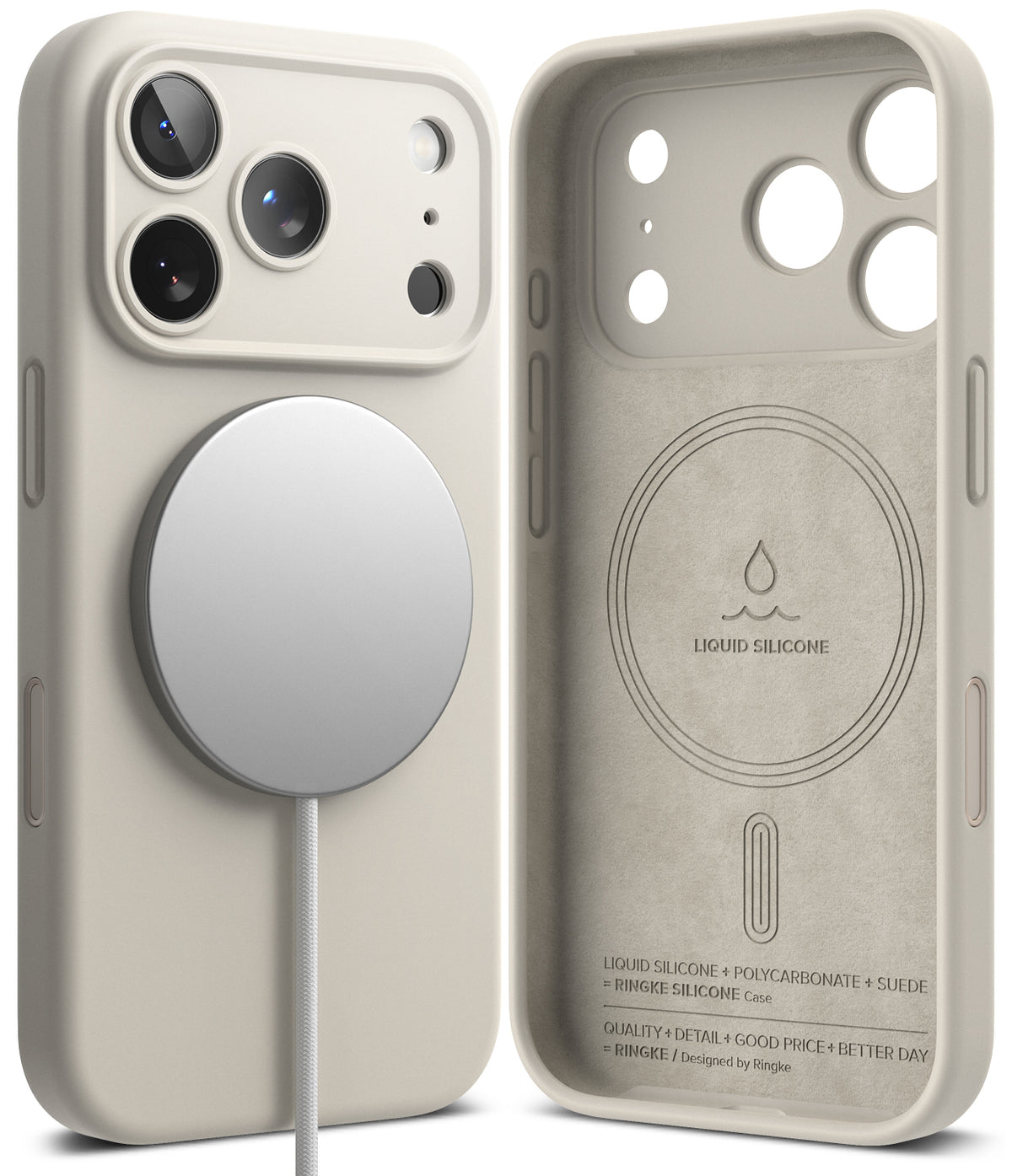iPhone 17 Pro Case | Silicone Magnetic - Beige magnetic silicone case shown from back with charger and interior view.