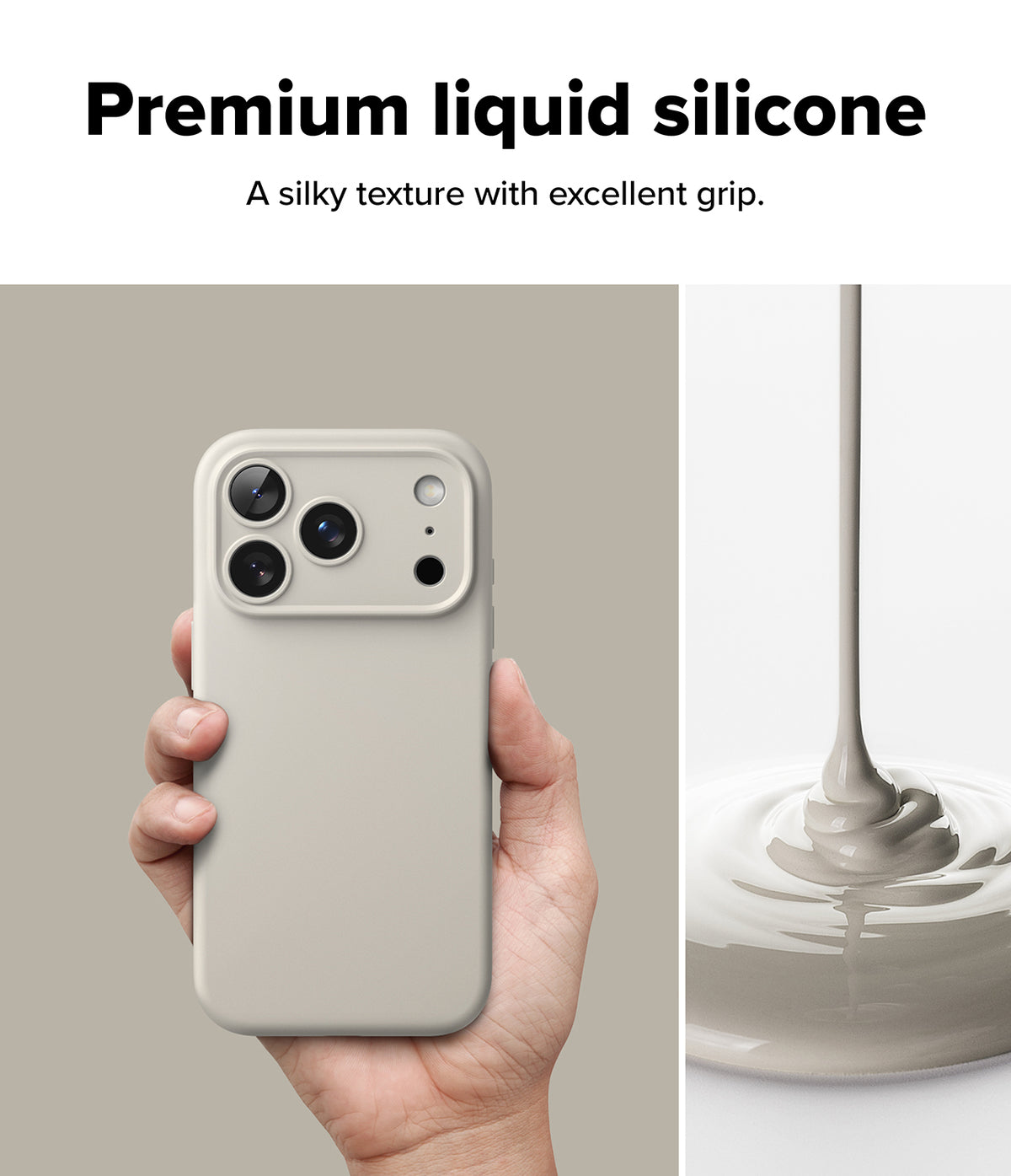 iPhone 17 Pro Case | Silicone Magnetic - Hand holding a beige silicone phone case next to liquid silicone pouring.