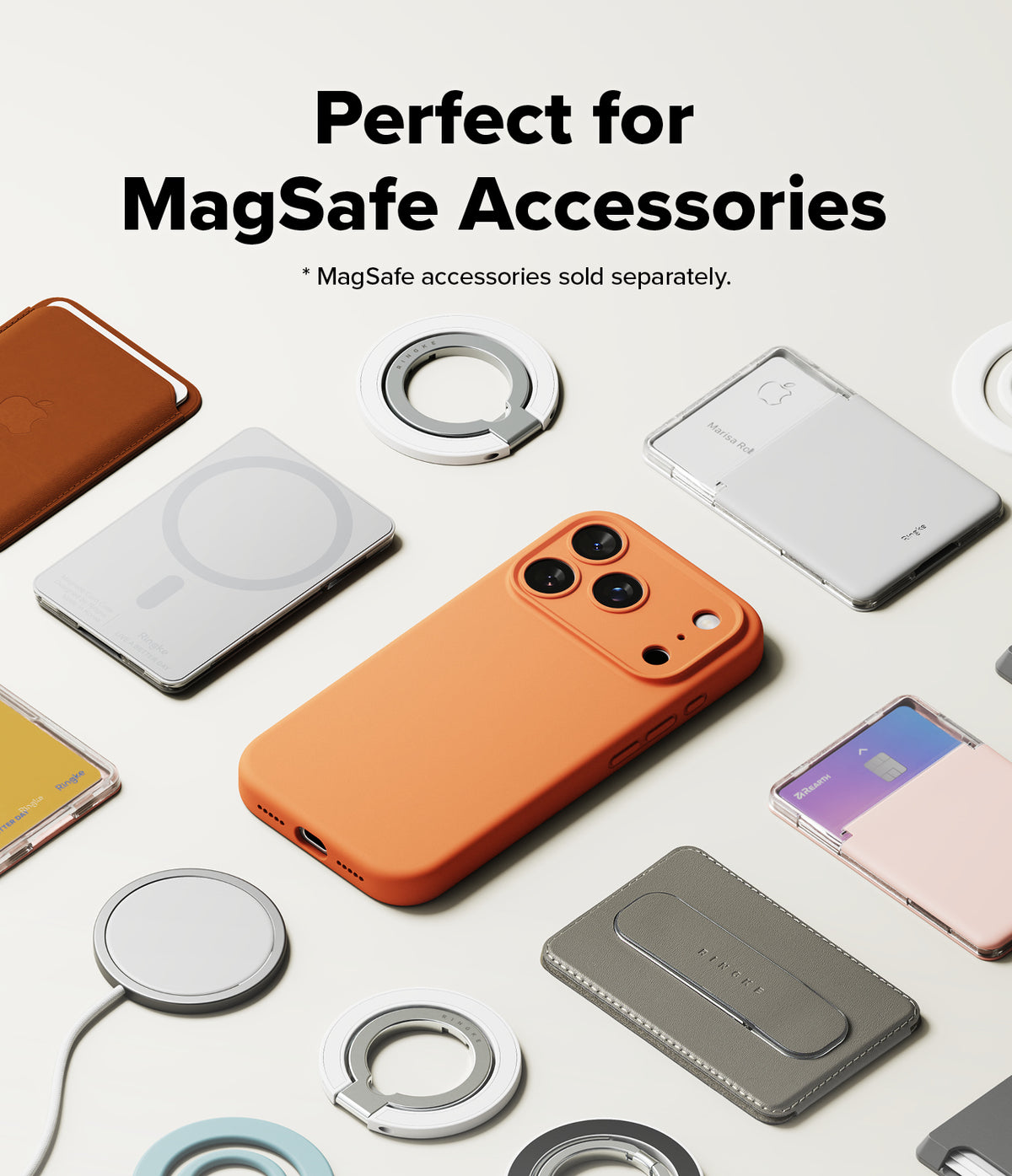 iPhone 17 Pro Case | Silicone Magnetic - Orange silicone iPhone case surrounded by various MagSafe wallets, rings, and chargers.