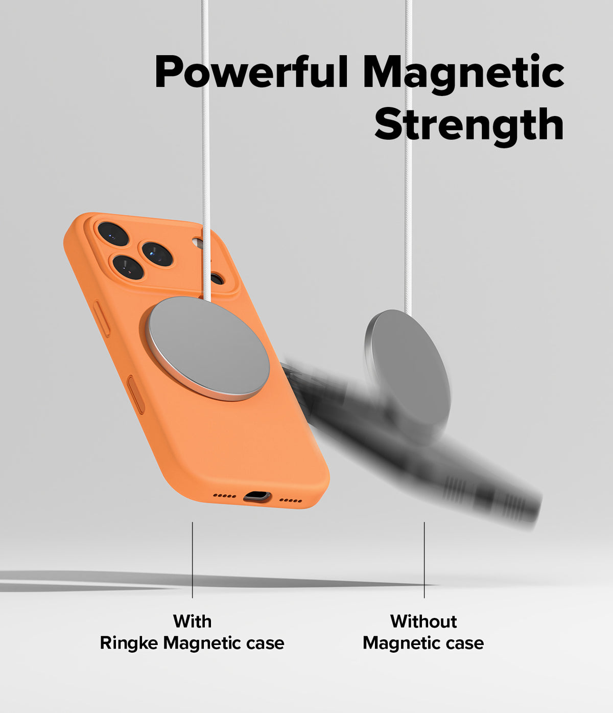 iPhone 17 Pro Case | Silicone Magnetic - Orange phone case securely attached to a magnetic charger versus a falling phone.