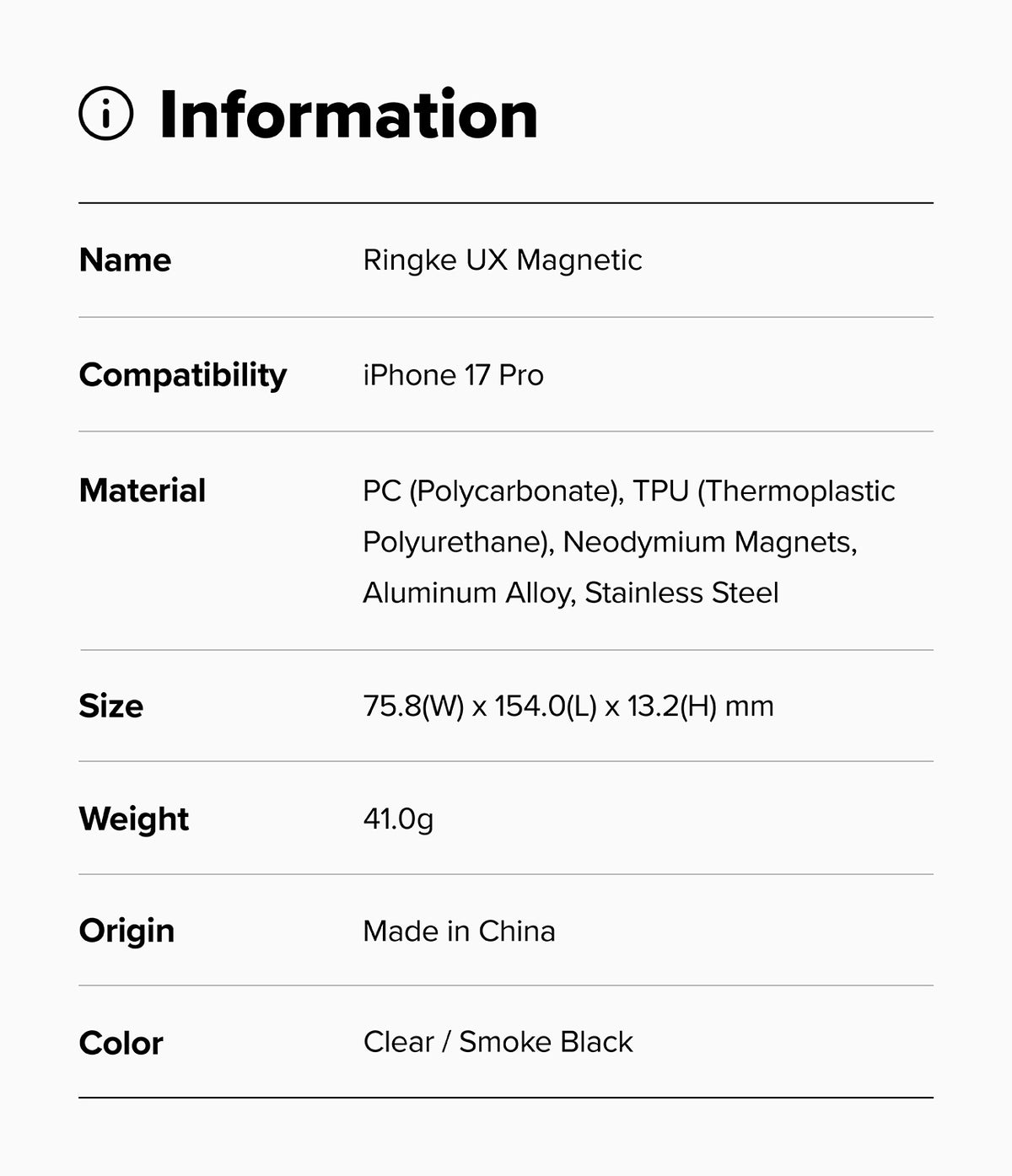 iPhone 17 Pro Case | UX Magnetic - Specification table listing product name, compatibility, materials, size, weight, and color.