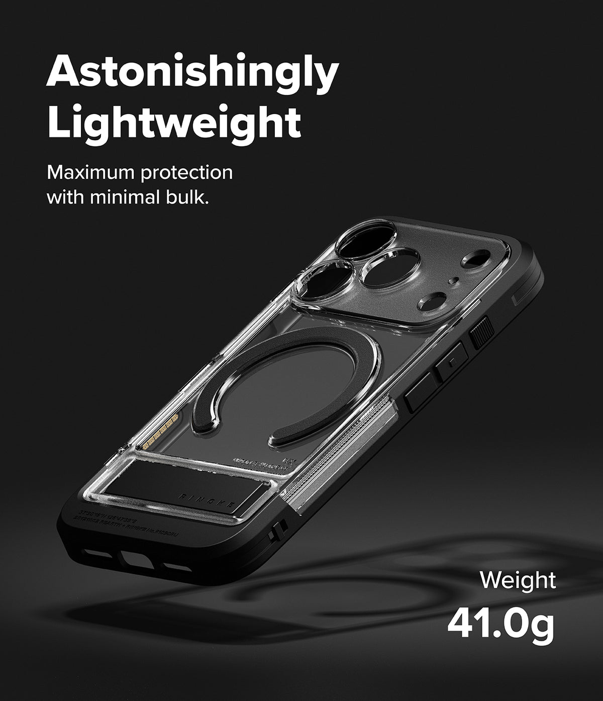 iPhone 17 Pro Case | UX Magnetic - Clear protective phone case with a black magnetic ring and stand on a dark background.