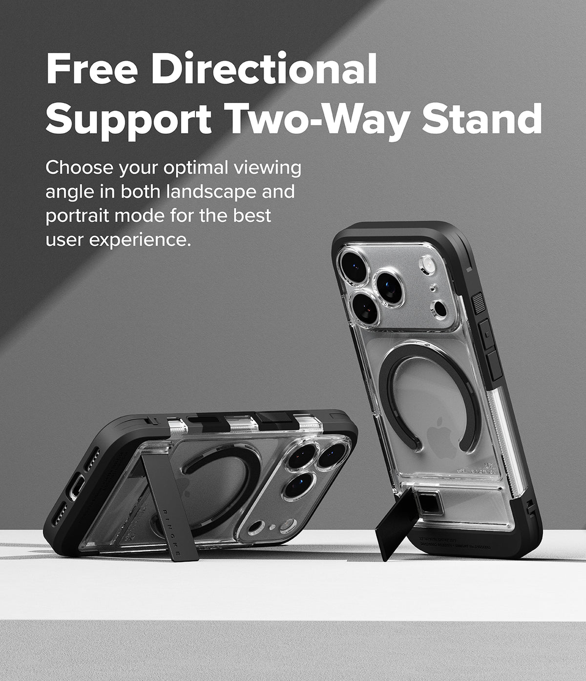 iPhone 17 Pro Case | UX Magnetic - Two clear phone cases with black frames and integrated magnetic kickstands in landscape and portrait.