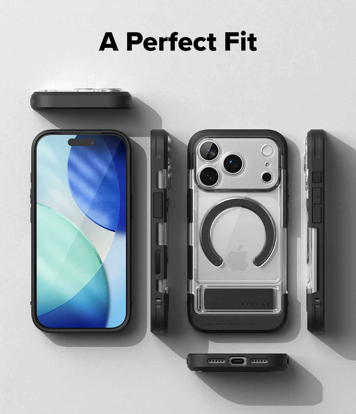 iPhone 17 Pro Case | UX Magnetic - Multiple views of a clear, black-framed phone case with a magnetic ring and kickstand.