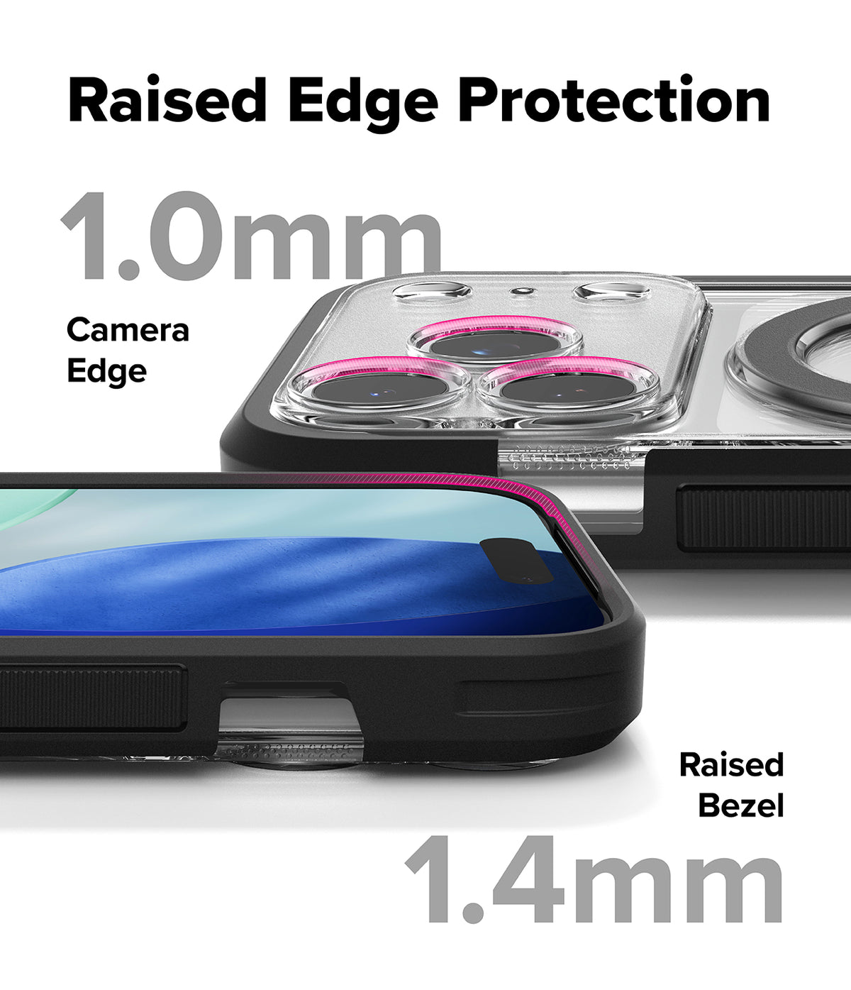 iPhone 17 Pro Case | UX Magnetic - Close-up showing 1.0mm raised camera edge and 1.4mm raised screen bezel protection.