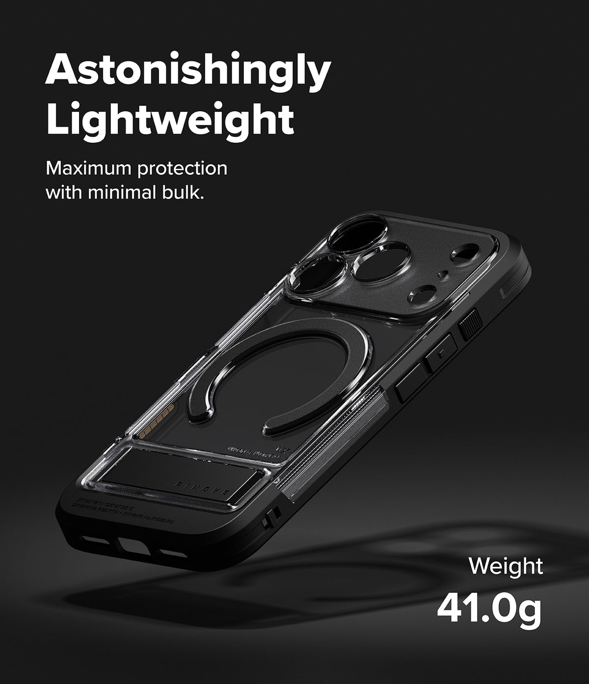 iPhone 17 Pro Case | UX Magnetic - A black, lightweight magnetic phone case shown at an angle against a dark background.