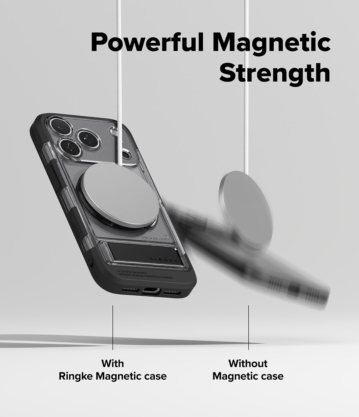 iPhone 17 Pro Case | UX Magnetic - A magnetic case holding a charger while a phone without a case falls away.