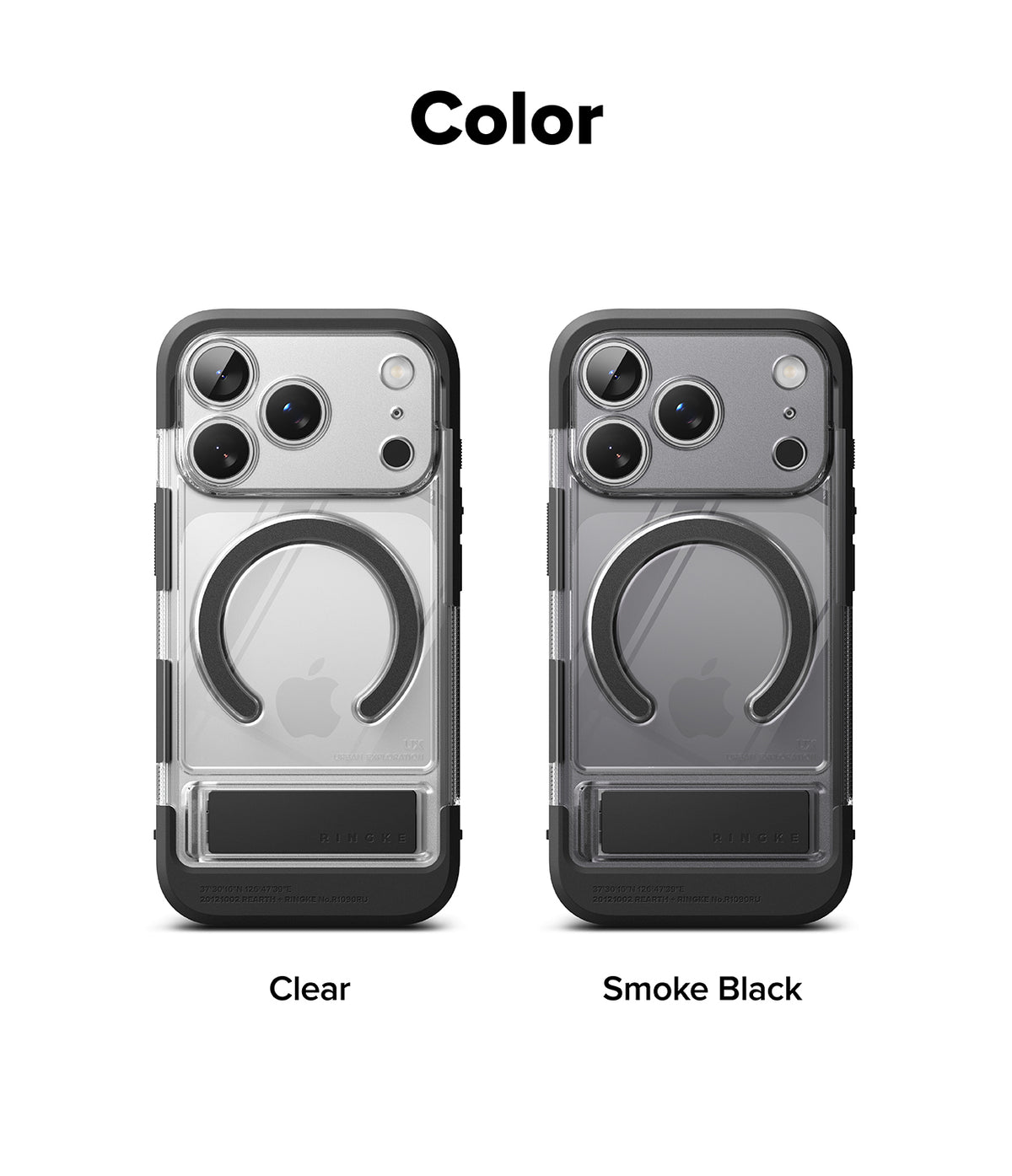 iPhone 17 Pro Case | UX Magnetic - Two iPhone 17 Pro cases in Clear and Smoke Black with magnetic rings and kickstands.