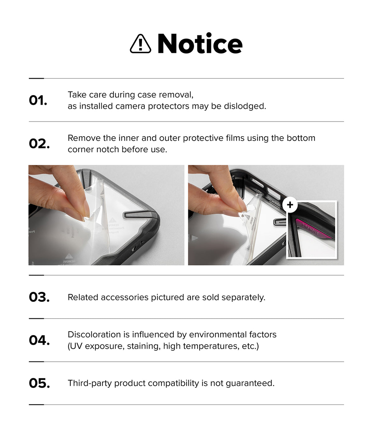 iPhone 18 Pro Case | Fusion-X Magnetic - A white instruction sheet with a bold 'Notice' header and five numbered points, including two small photos showing hands removing protective films from a phone case and a close-up inset with a plus sign.