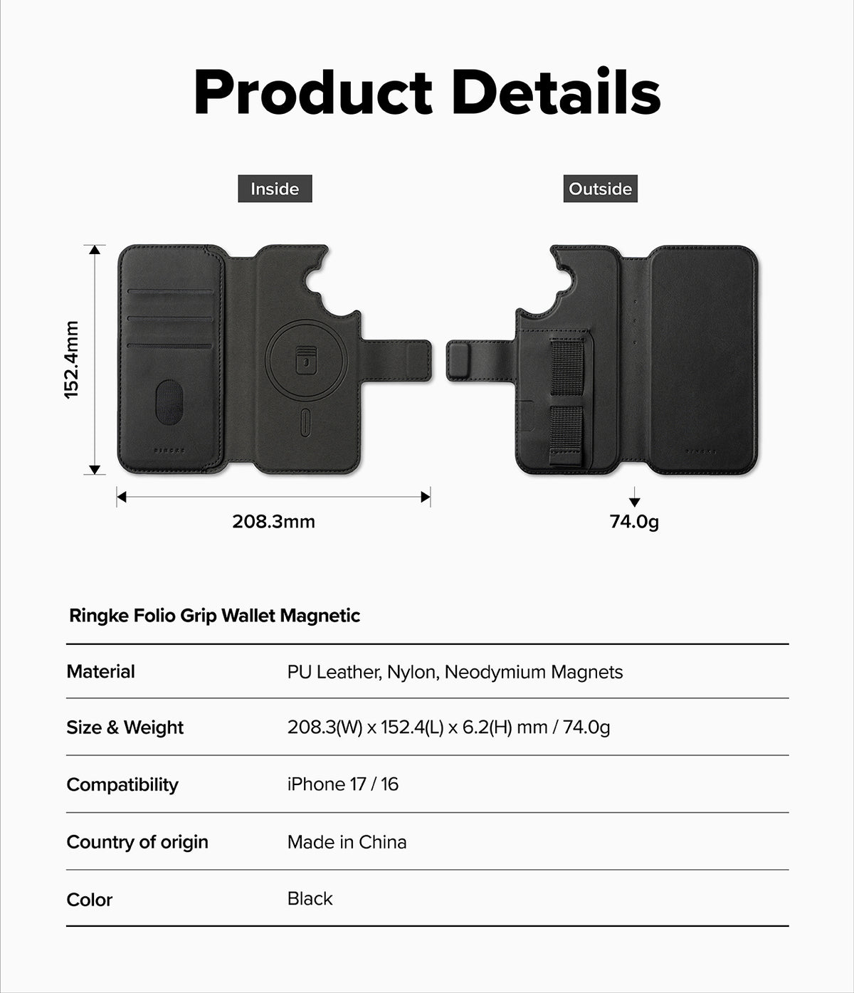 iPhone 16 Cover | Folio Grip Wallet Magnetic - Technical diagram showing dimensions, weight, and features of a black wallet case.