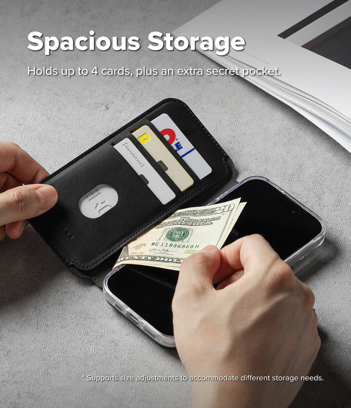 iPhone 16 Cover | Folio Grip Wallet Magnetic - Black folio case holding cards and cash with hands inserting a bill.