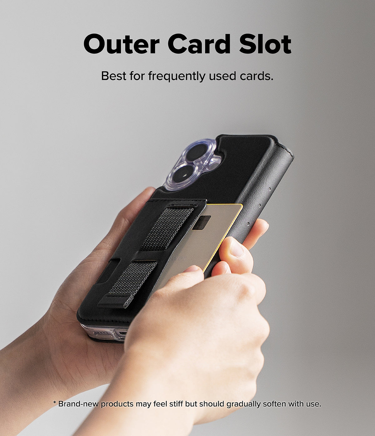 iPhone 16 Cover | Folio Grip Wallet Magnetic - Hands holding a black folio phone case with an outer card slot.