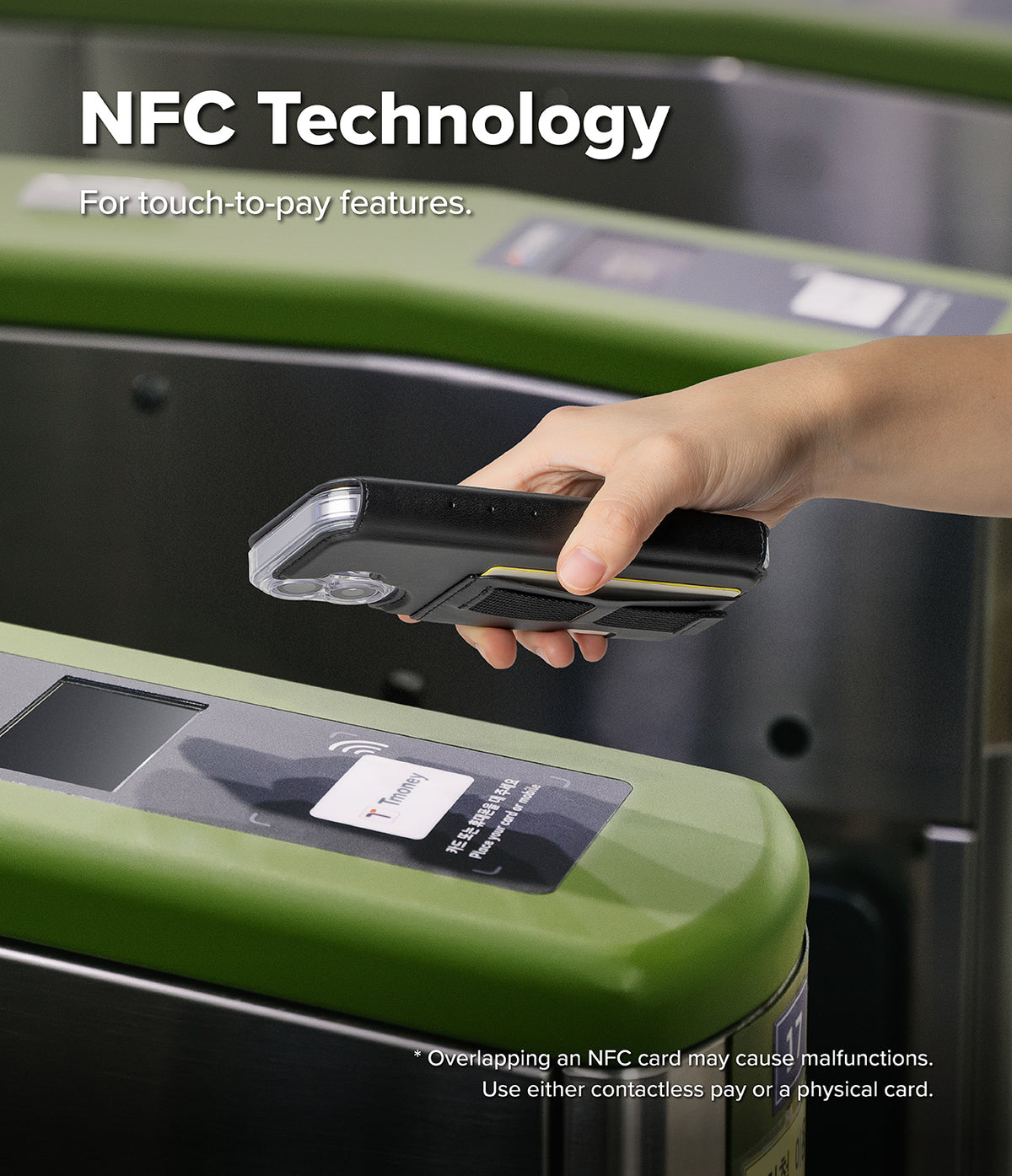 iPhone 16 Cover | Folio Grip Wallet Magnetic - Hand holding a phone in a black folio case over a subway turnstile reader.
