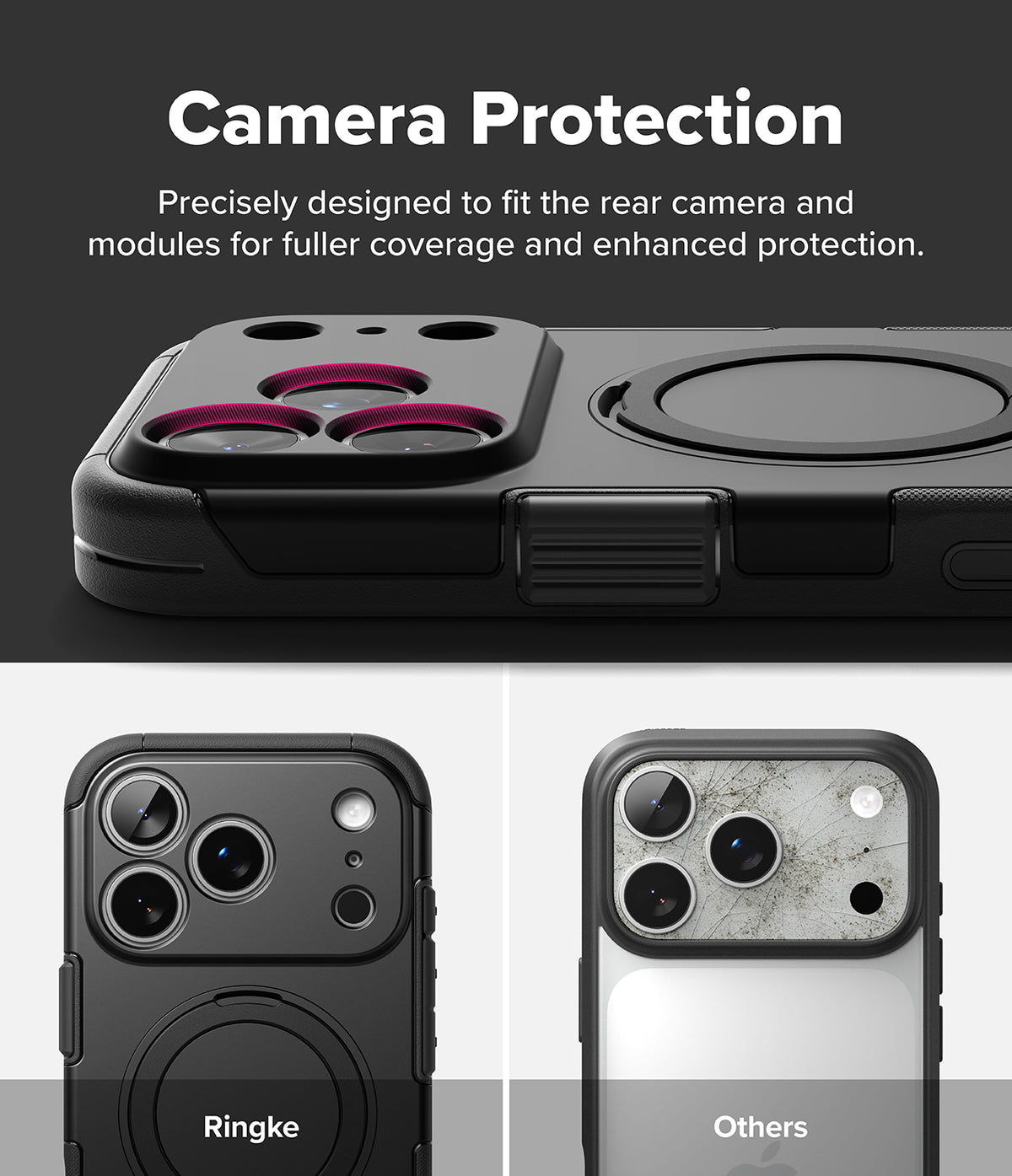 iPhone 18 Pro / Pro Max Case Alles all-groups - Black phone case with a raised camera protection module and circular MagSafe ring, shown on a phone from the back. The image includes text reading 'Camera Protection' and two smaller examples at the bottom labeled 'Ringke' and 'Others' showing the case fitted on different phone back finishes.