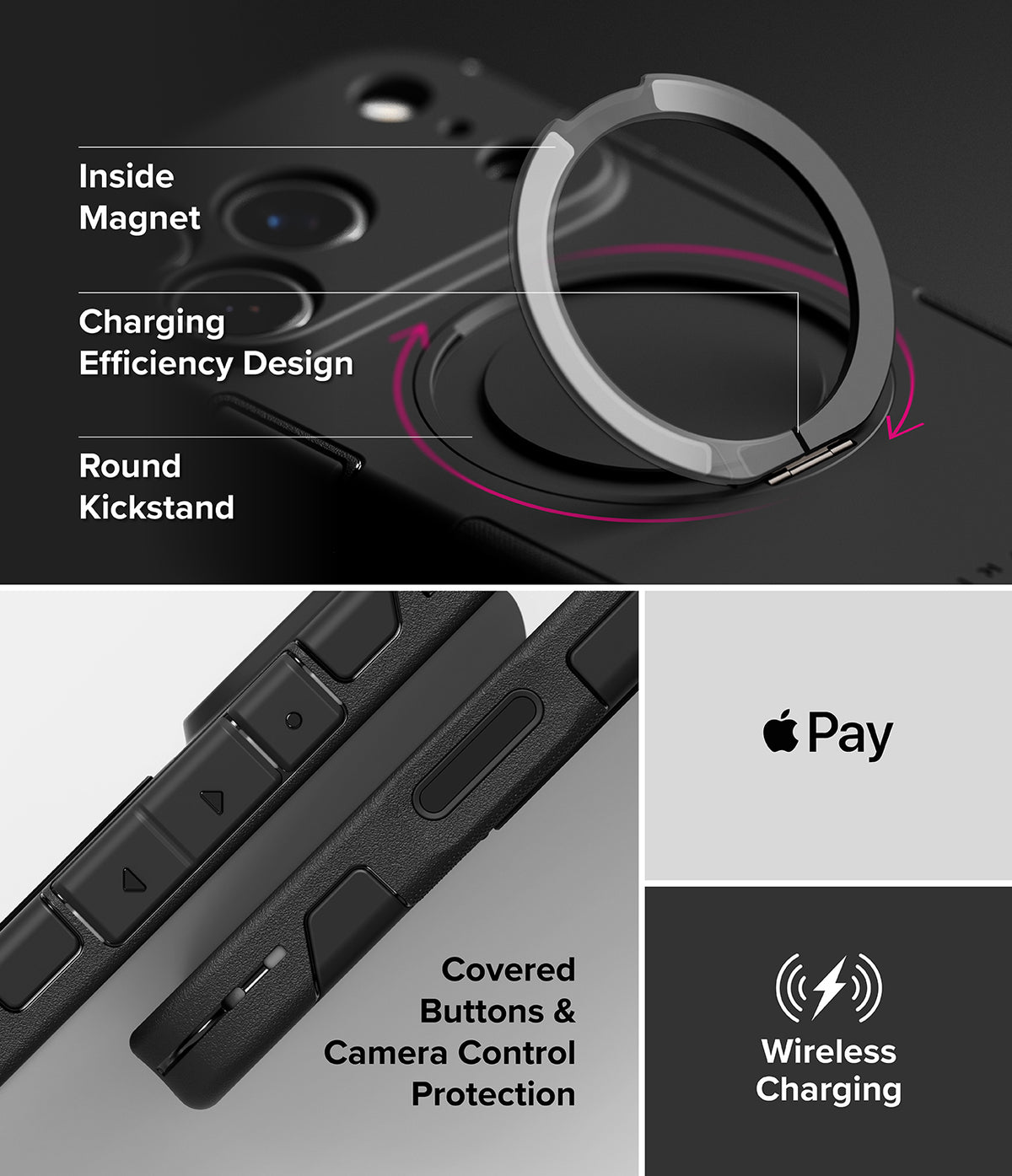 iPhone 18 Pro Max Case | Alles - A black phone case with a built-in magnetic kickstand, shown in a multi-panel infographic highlighting its features. The top panel shows the kickstand extended, labeled 'Inside Magnet', 'Charging Efficiency Design', and 'Round Kickstand'.