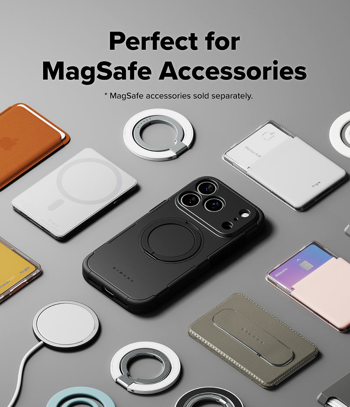 iPhone 18 Pro Max Case | Alles - A black MagSafe-compatible phone case with a circular magnetic ring, shown among other MagSafe accessories on a gray background. Text at the top reads 'Perfect for MagSafe Accessories' with a note that MagSafe accessories are sold separately.