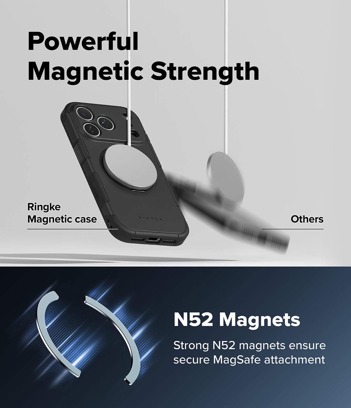 iPhone 18 Pro Max Case | Alles - Promotional graphic for a black magnetic phone case with a circular MagSafe ring, showing the case floating above a phone. Text reads 'Powerful Magnetic Strength' and 'Ringke Magnetic case,' with a blurred comparison object labeled 'Others.