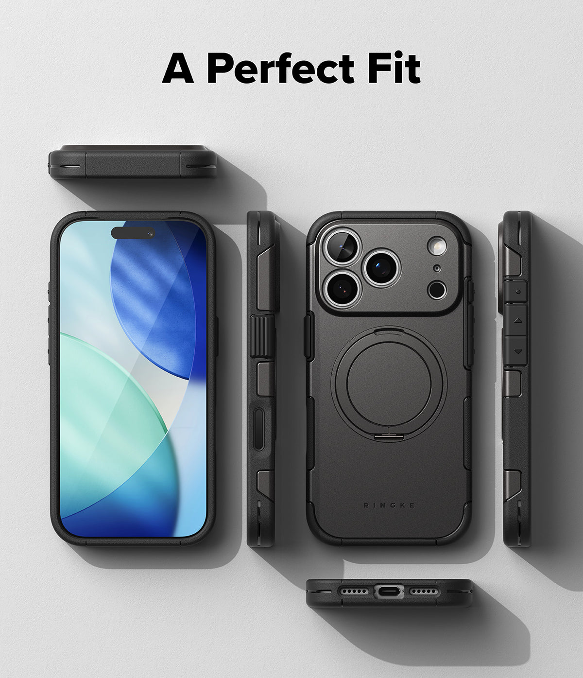 iPhone 18 Pro Max Case | Alles - A black protective phone case shown from multiple angles on a light gray background, with the text 'A Perfect Fit' at the top. The case is displayed on a smartphone, with front, side, and back views highlighting its design, MagSafe ring, and camera cutouts.
