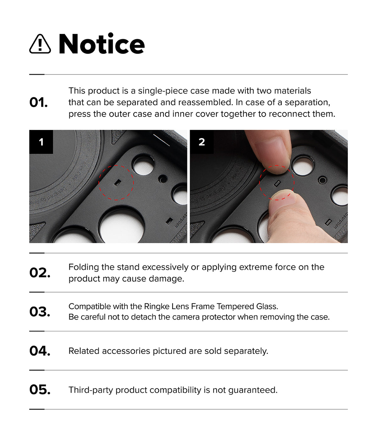 iPhone 18 Pro Max Case | Alles - A printed notice sheet with text and two small photos showing how to separate and reassemble a black camera lens protector case. The header reads 'Notice' with numbered instructions and warning text.