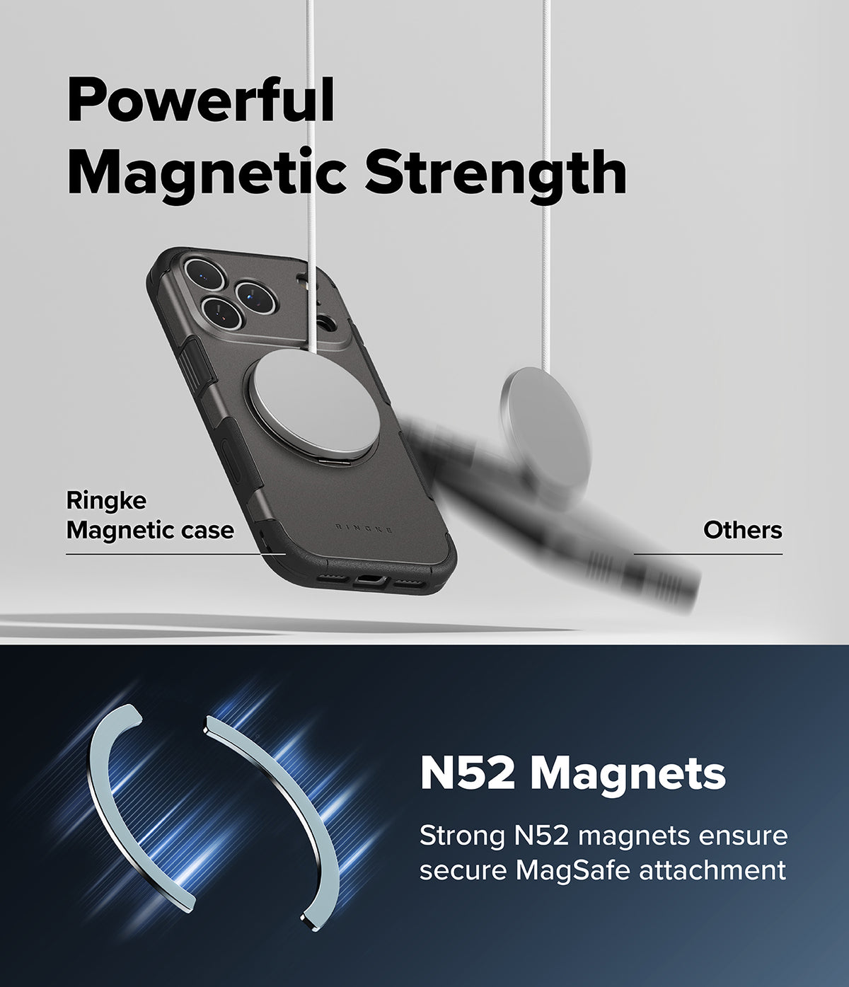 iPhone 18 Pro Max Case | Alles - Promotional graphic for a magnetic phone case showing a black Ringke magnetic case with a circular MagSafe ring, plus text reading 'Powerful Magnetic Strength' and 'N52 Magnets' on a light gray and dark blue background.