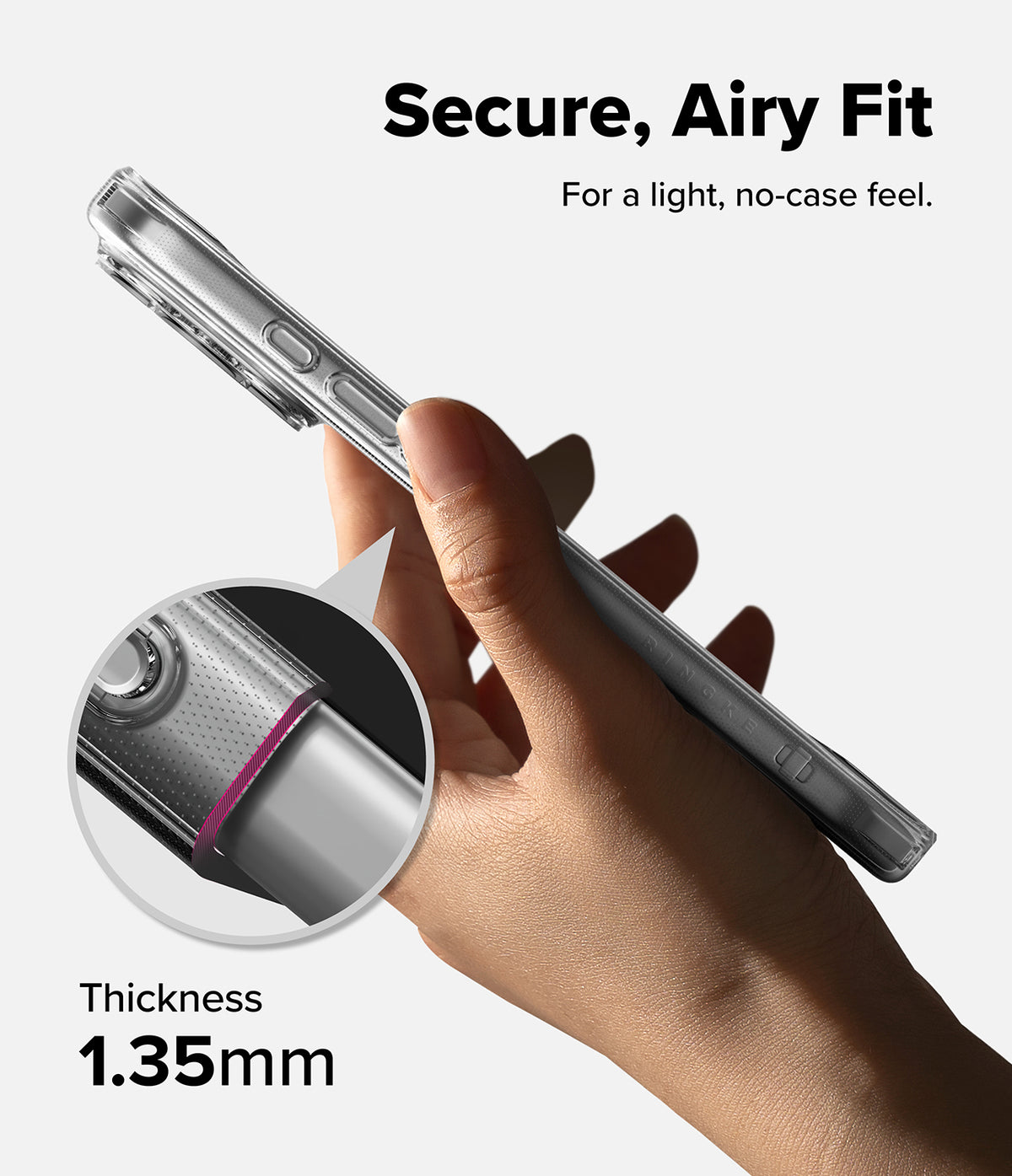 iPhone 18 Pro / Pro Max Case Air all-groups - A hand holds a slim transparent phone case over a light gray background, with text reading 'Secure, Airy Fit' and a circular inset showing a close-up of the case edge and a 1.35mm thickness claim.