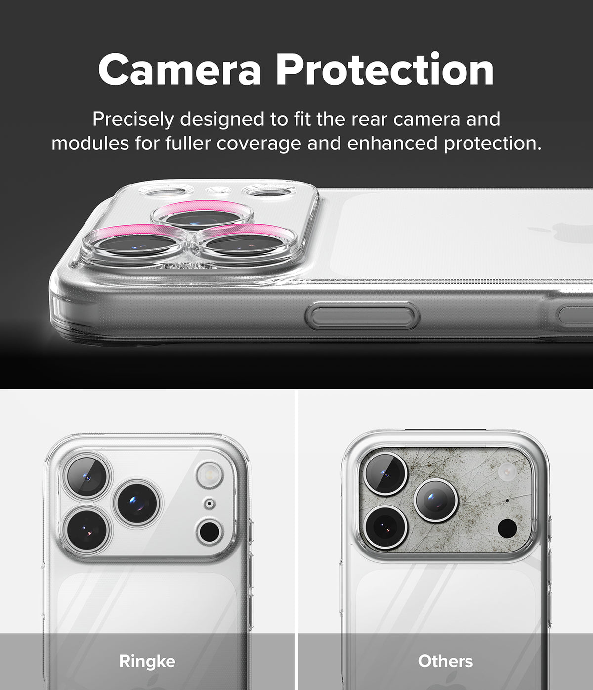 iPhone 18 Pro / Pro Max Case Air all-groups - Promotional graphic for a clear camera protection case shown on a smartphone. The top section has text reading 'Camera Protection' and shows the case installed on the phone, with pink ring accents around the camera openings.