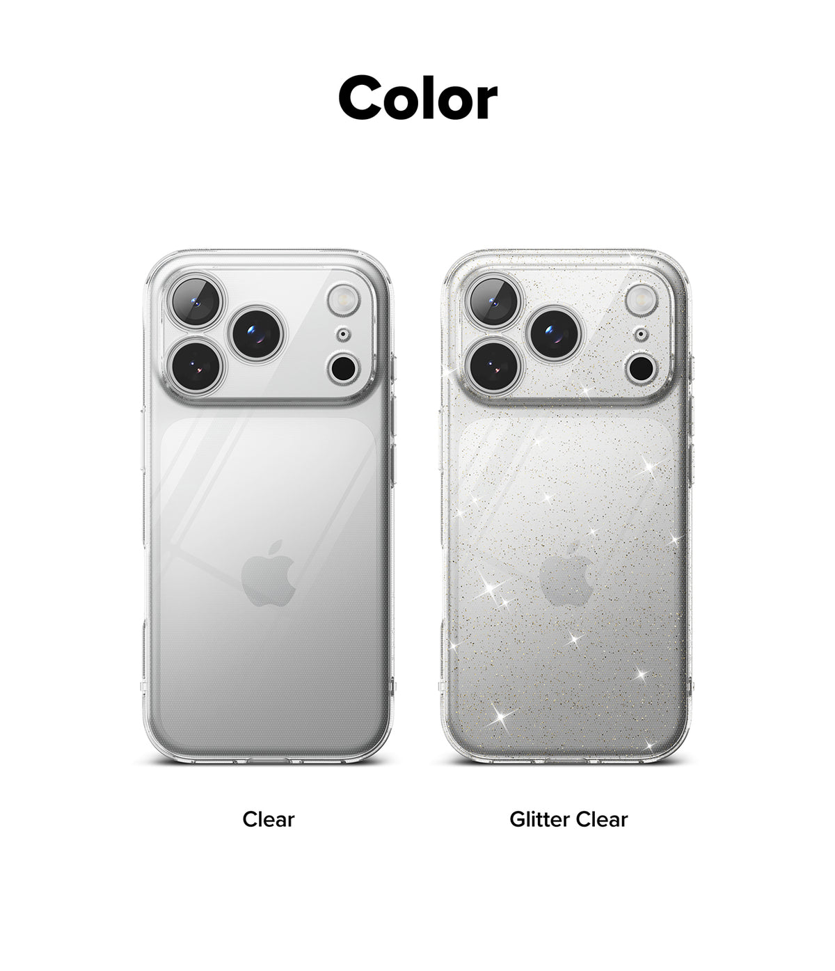 iPhone 18 Pro Max Case | Air - Two clear phone cases shown on a smartphone back, labeled 'Clear' and 'Glitter Clear' under the heading 'Color'. The left case is transparent and mirror-like, while the right case is transparent with fine silver glitter and sparkle effects.
