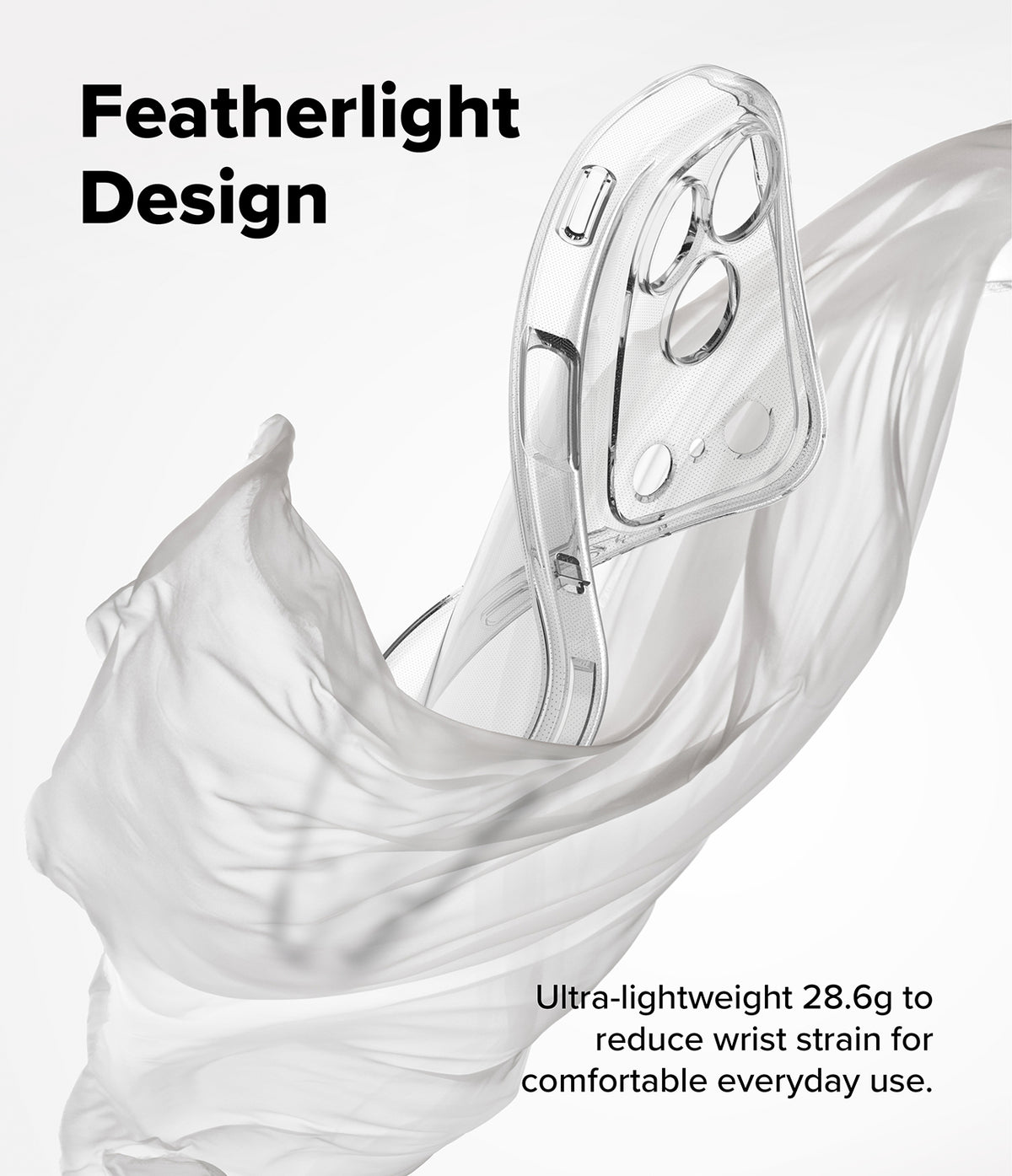 iPhone 18 Pro Max Case | Air - Transparent phone case with a clear featherlight design, shown floating on a white background with draped white fabric and text describing its ultra-lightweight 28.6g design.