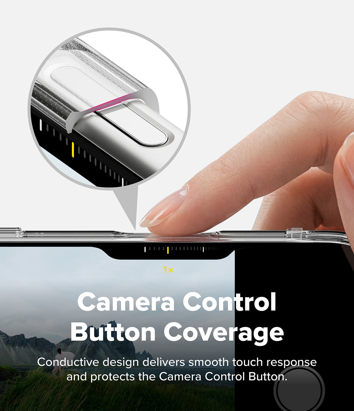 iPhone 18 Pro Max Case | Air - A close-up of a hand pressing the camera control button of a smartphone, with a circular inset showing a transparent protective cover over the button. Text on the image reads 'Camera Control Button Coverage' and describes a conductive design that delivers smooth touch response and protection.