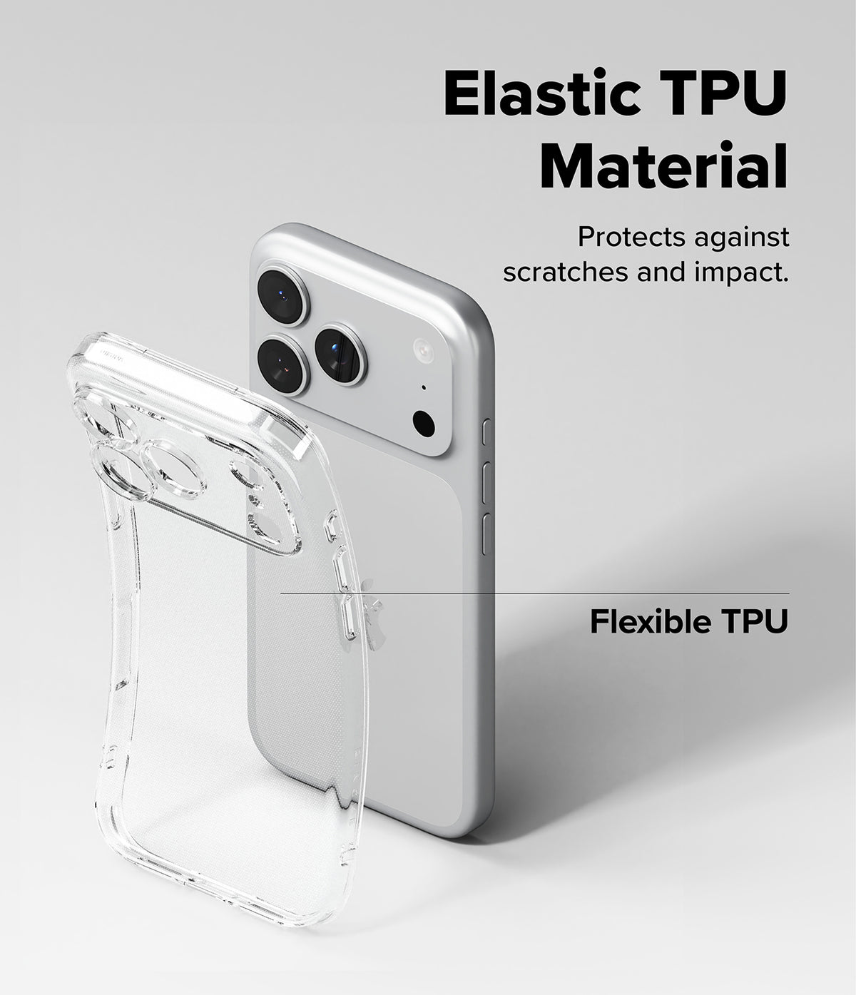 iPhone 18 Pro Max Case | Air - Transparent TPU phone case shown beside a silver smartphone on a light gray background, with text reading 'Elastic TPU Material,' 'Protects against scratches and impact,' and 'Flexible TPU.'.