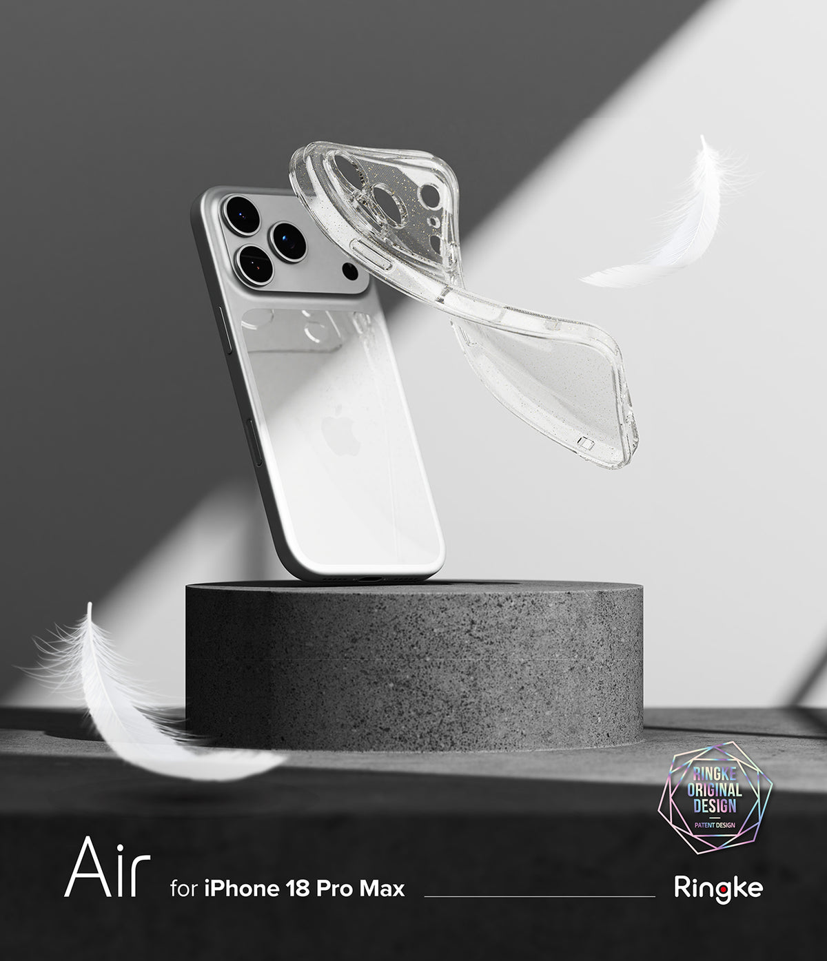 iPhone 18 Pro Max Case | Air - Transparent protective phone case for iPhone 18 Pro Max, shown floating above a dark gray pedestal with a white iPhone behind it. The image is monochrome with feather props and text reading 'Air for iPhone 18 Pro Max' and 'Ringke'.
