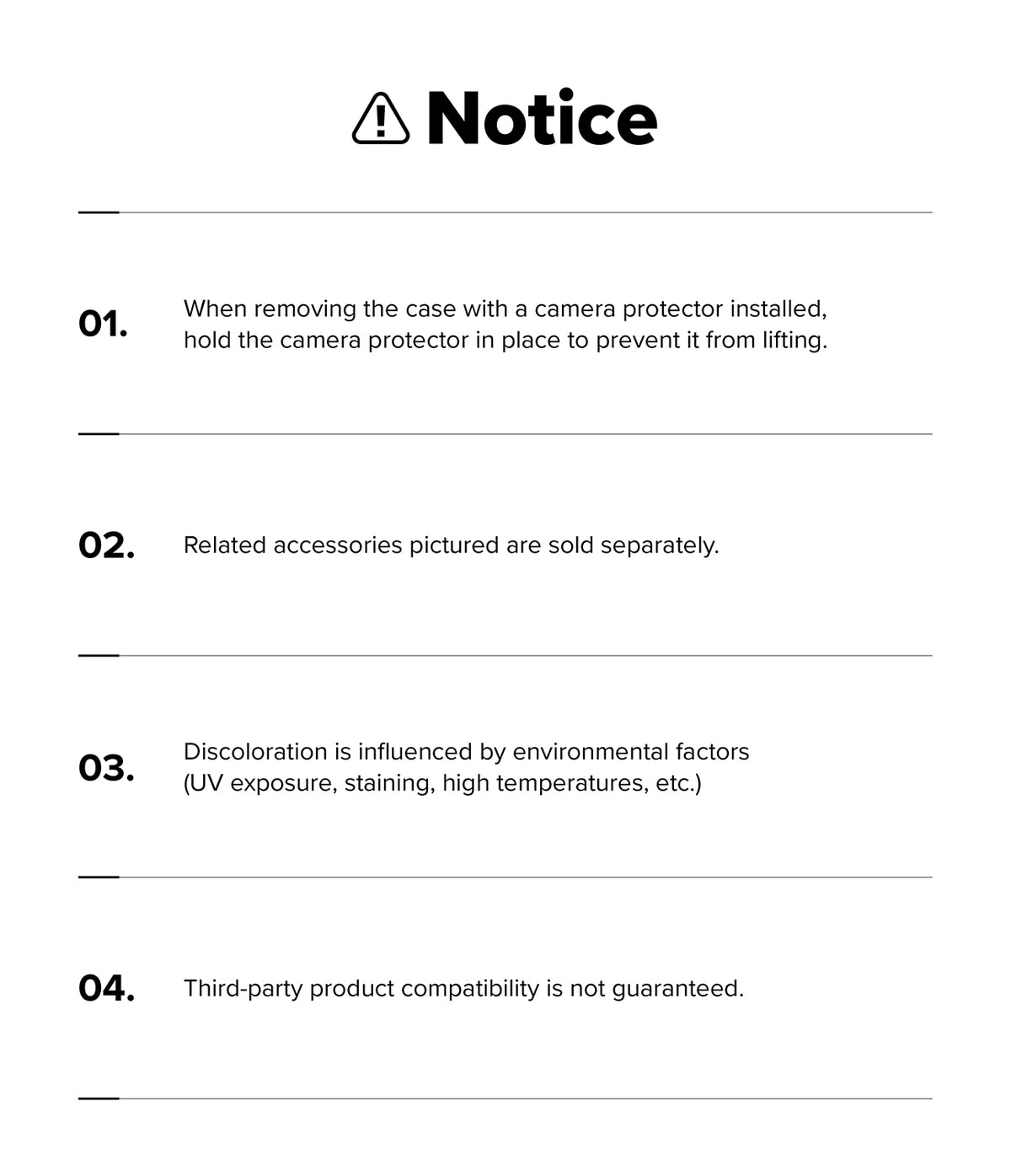 iPhone 18 Pro Max Case | Air - A black-and-white notice sheet with a warning icon and four numbered text points about handling a camera case and camera protector, sold separately accessories, environmental discoloration, and third-party compatibility.