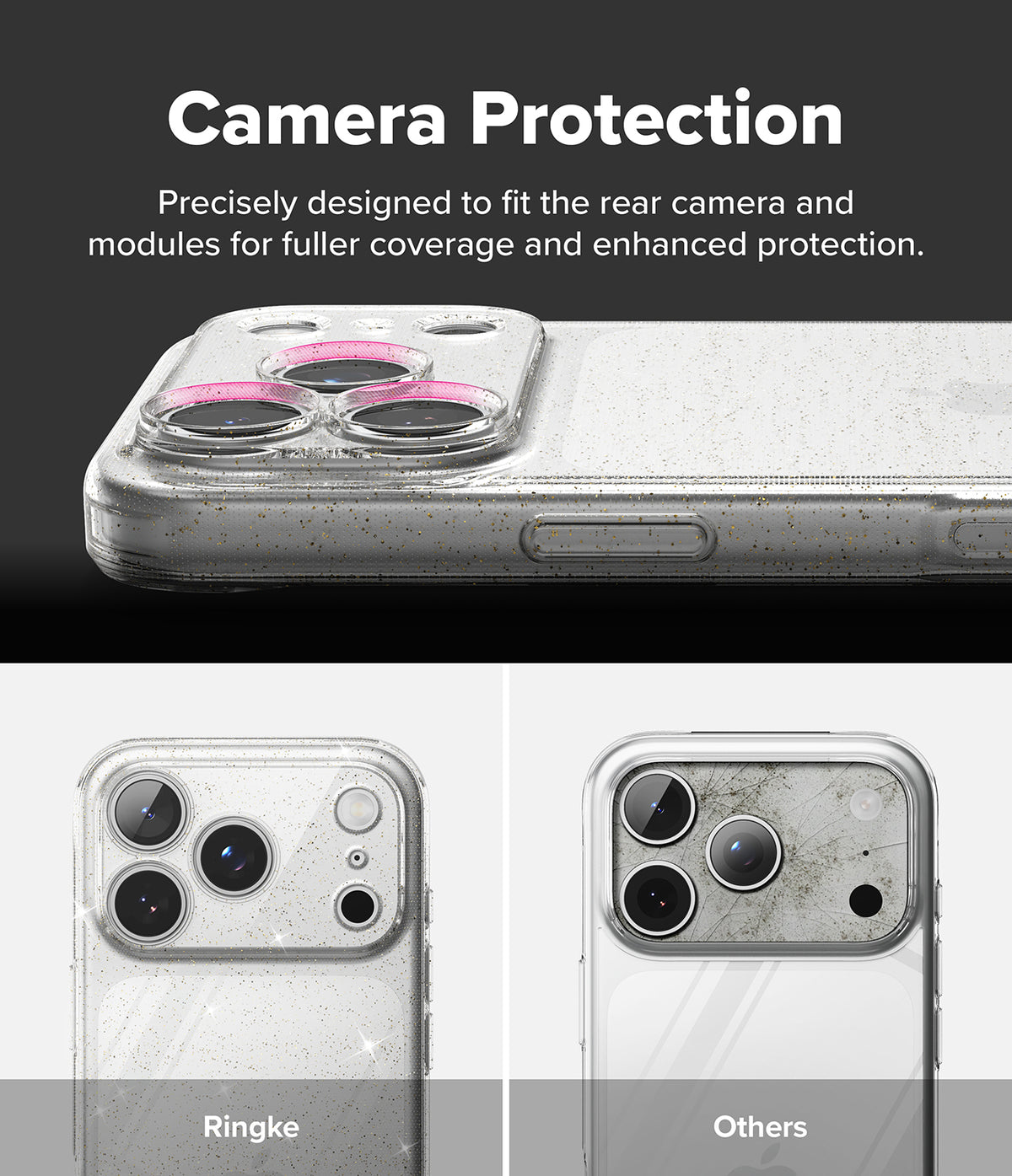 iPhone 18 Pro Max Case | Air - Promotional graphic for a clear camera protection case shown on a smartphone. The top section has text reading 'Camera Protection' and shows the case installed on the phone, with pink ring accents around the camera openings.
