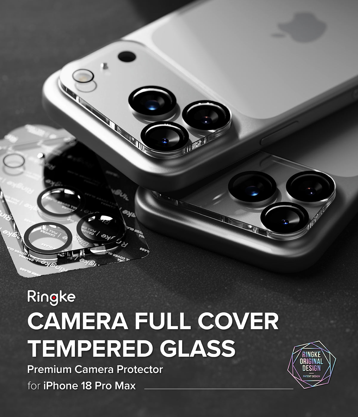 iPhone 18 Pro Max Camera Protector | Camera Full Cover Tempered Glass (2 Pack) - Ringke camera full cover tempered glass protector shown installed on two silver iPhone 18 Pro Max phones, with the packaging blister pack lying on a dark textured surface. Text overlay reads 'Ringke CAMERA FULL COVER TEMPERED GLASS Premium Camera Protector for iPhone 18 Pro Max'.