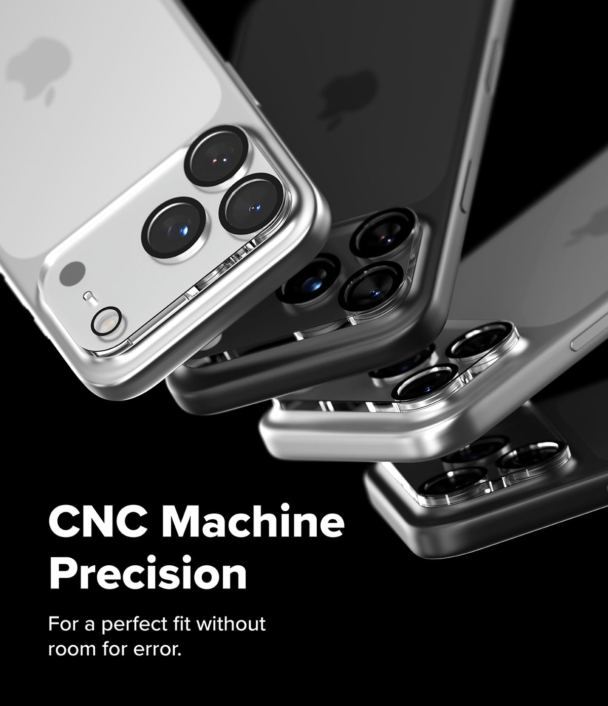 iPhone 18 Pro Max Camera Protector | Camera Full Cover Tempered Glass (2 Pack) - Three smartphone cases in silver and black shown at an angle on a black background, with text reading 'CNC Machine Precision' and 'For a perfect fit without room for error.'.